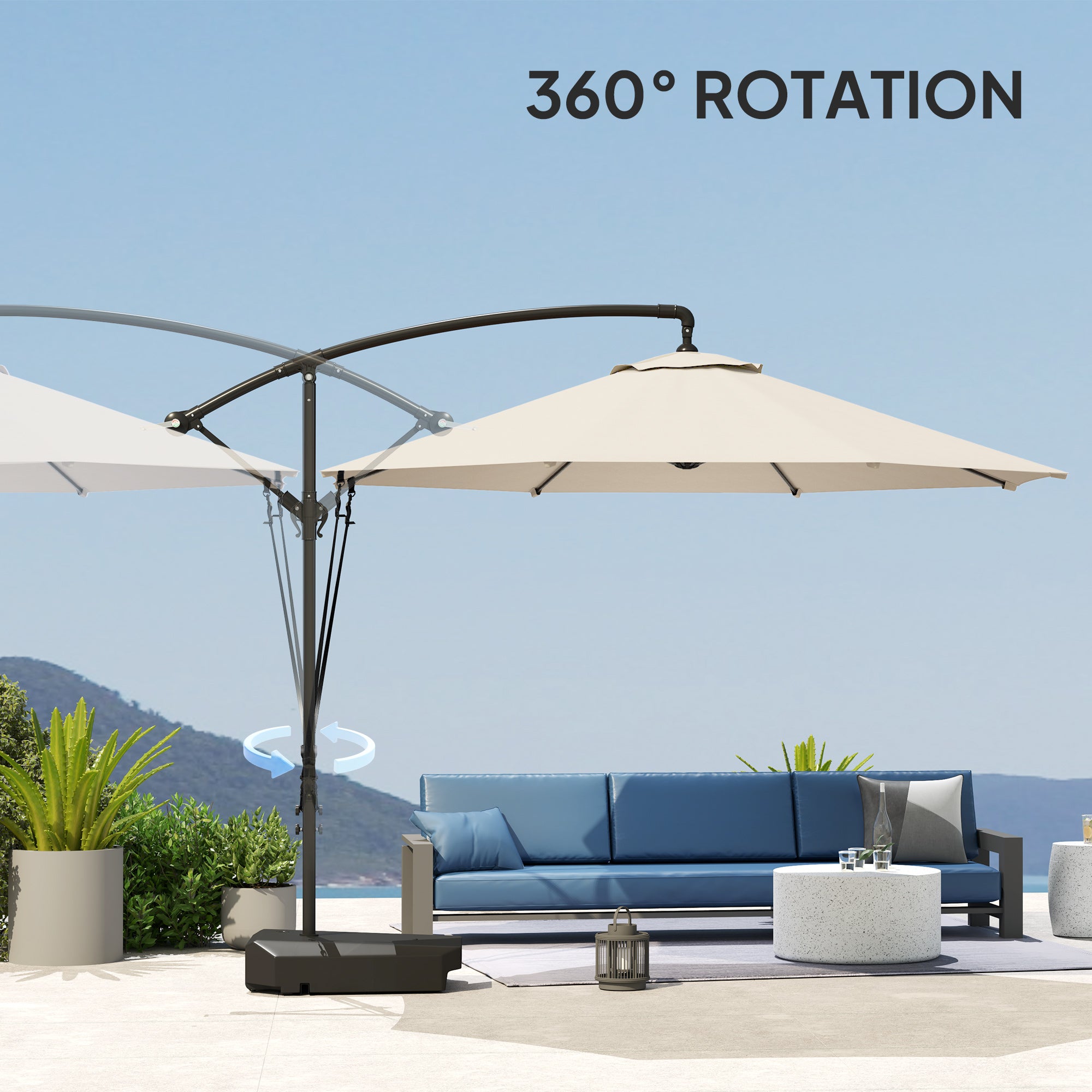 3m Garden Cantilever Parasol with Fillable Base, Wind Straps, Crank Handle & Tilt, UPF50+ Sun Shade - Cream