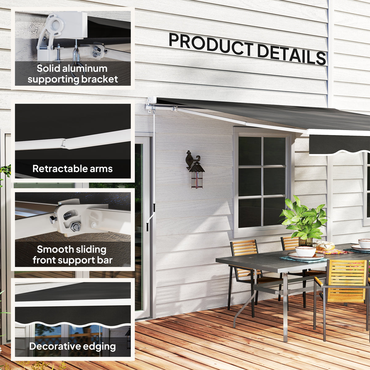 2 x 2.5m Garden Retractable Awning with Aluminium Frame - Black