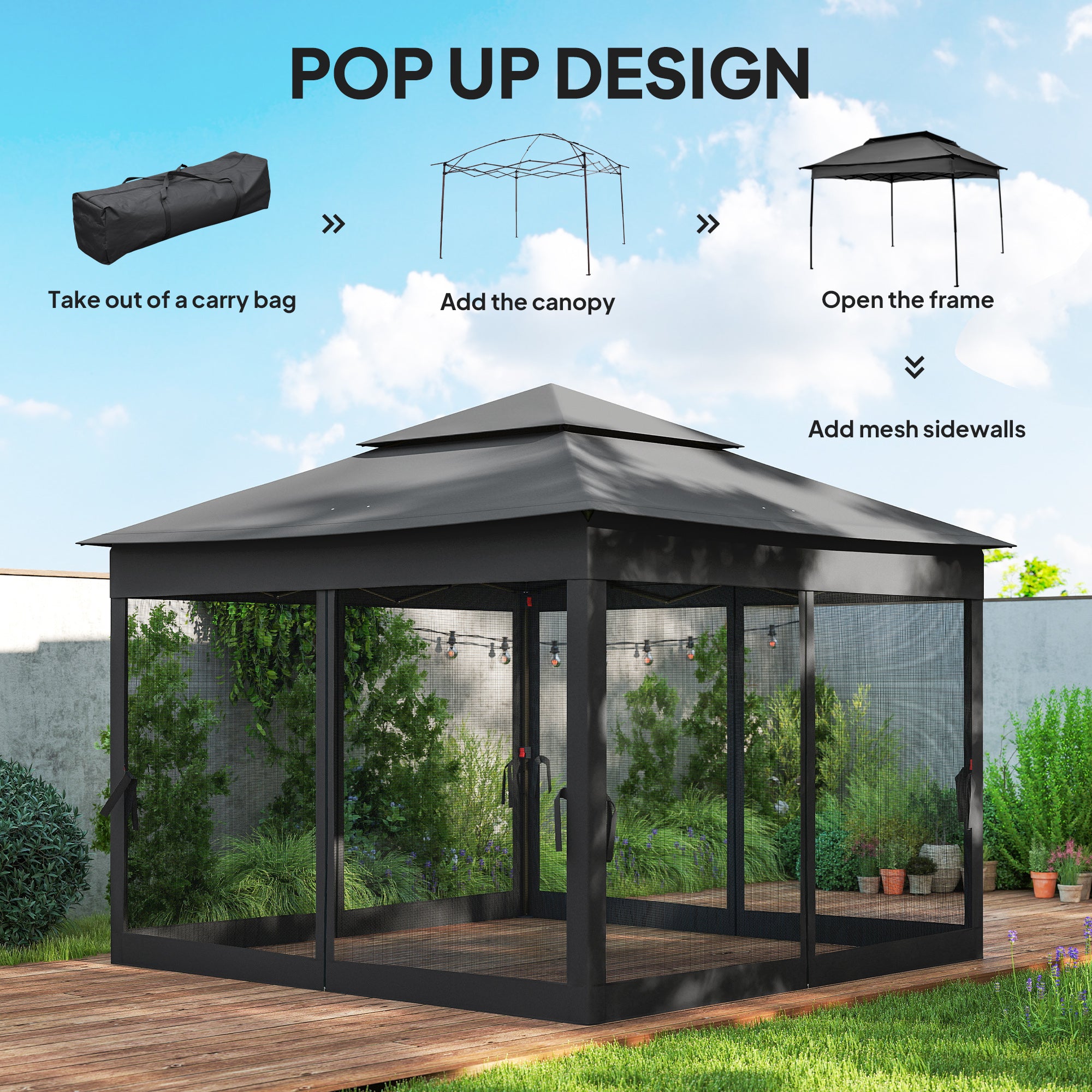 3 x 3(m) Pop Up Gazebo, Double-roof Garden Tent with Netting and Carry Bag, Party Event Shelter, Black