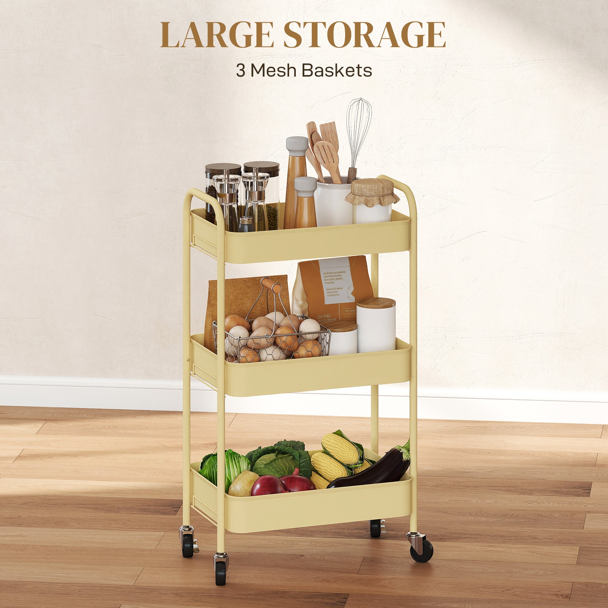 Three-Tier Steel Storage Trolley - Yellow
