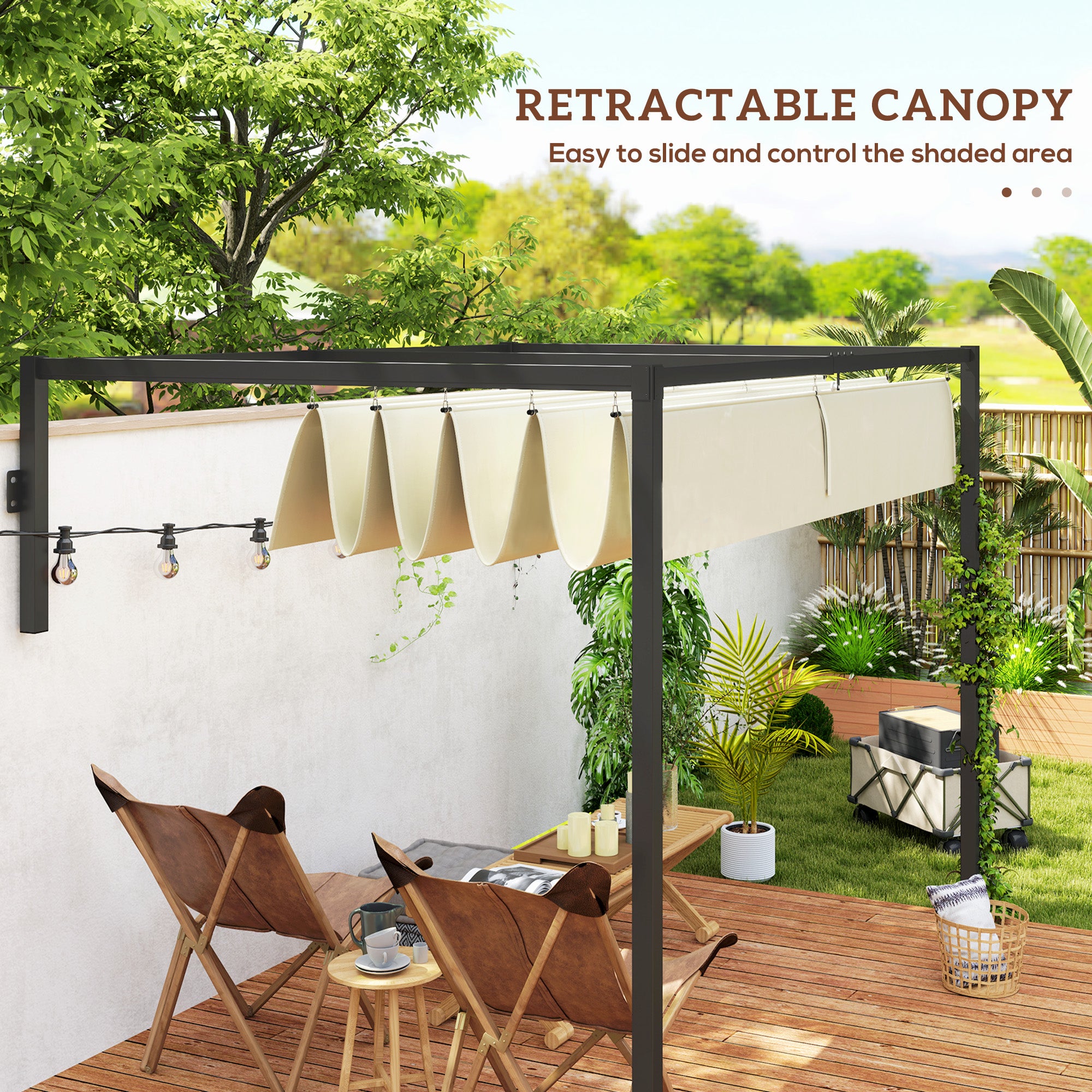 2 x 3(m) Lean To Steel Pergola, with Moving Fabric Canopy - Khaki