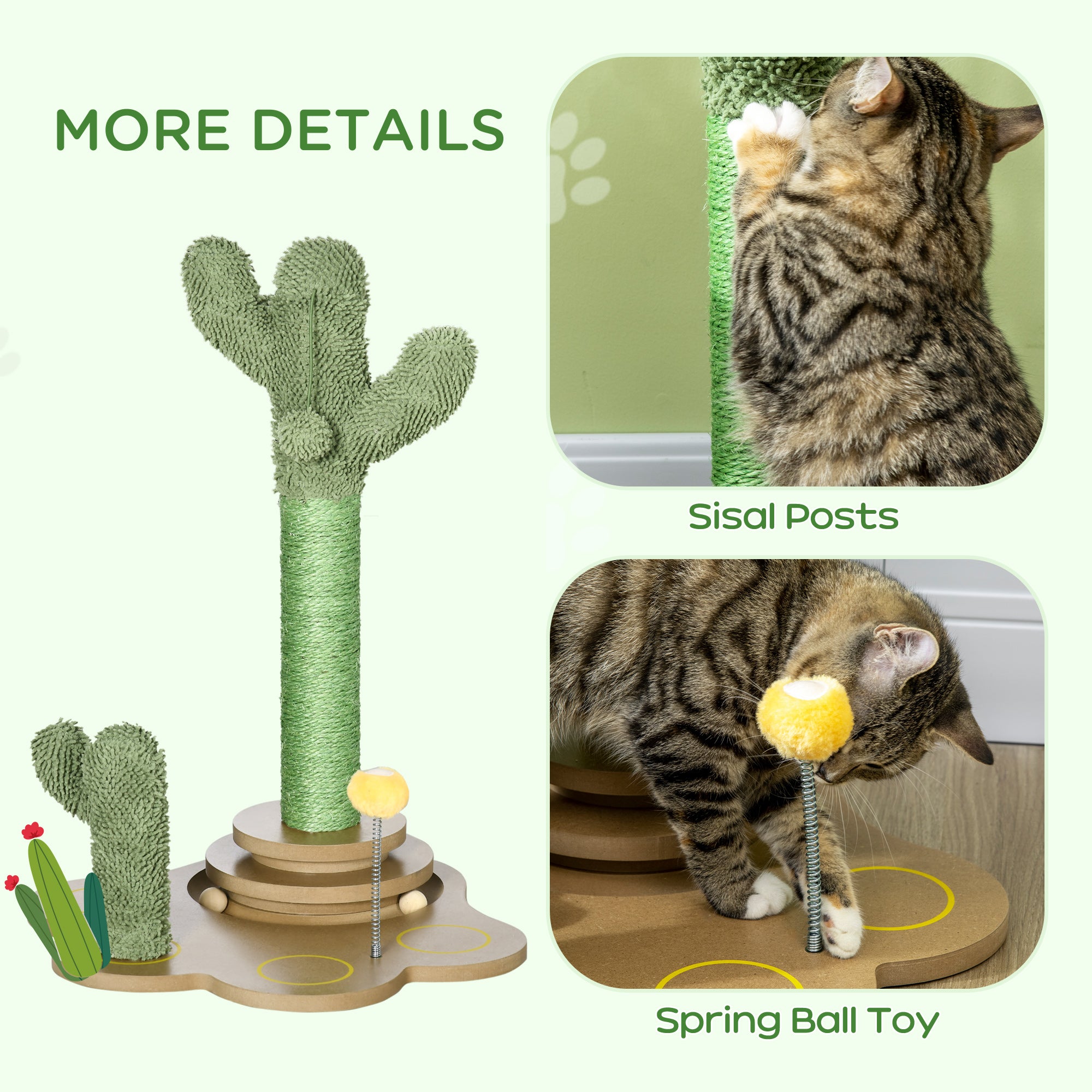 60cm Chenille Cat Tree, with Interactive Toy Balls, Sisal Scratching Posts - Green