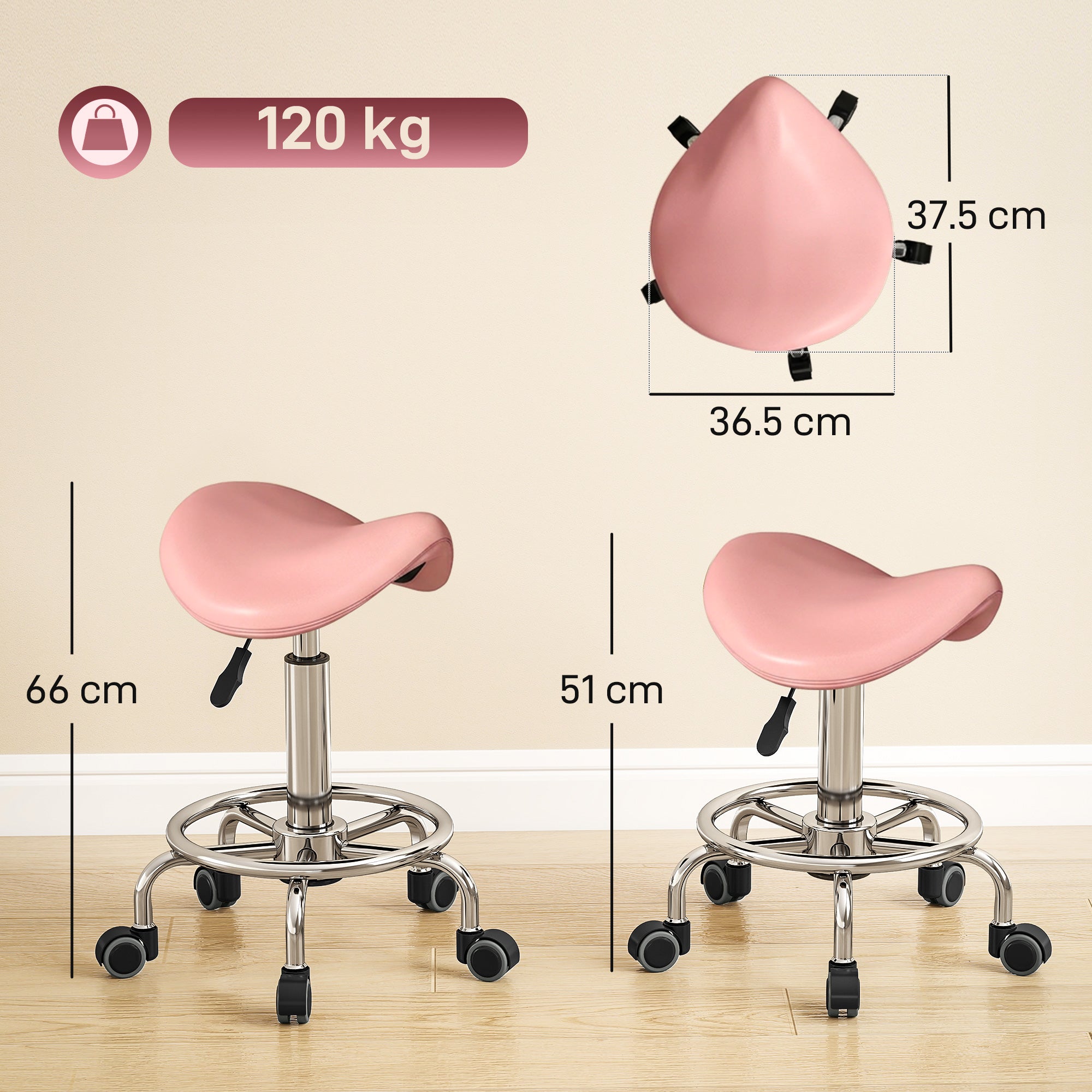 Salon Saddle Stool, Rolling Saddle Chair for Massage, Spa, Clinic, Beauty, Hairdressing and Tattoo, Pink