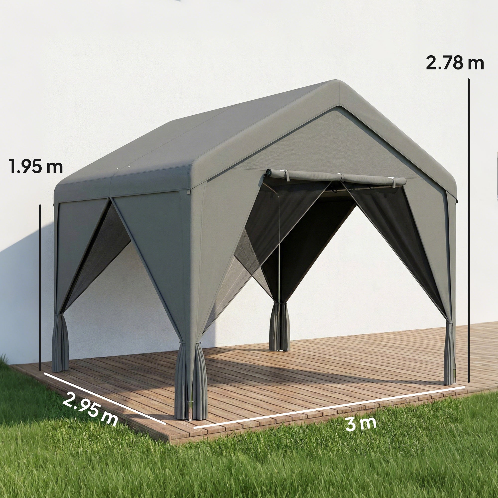 3 x 3 m Patio Gazebo with Netting & Curtains, Outdoor Canopy Shelter with Galvanised Steel Frame, Dark Grey