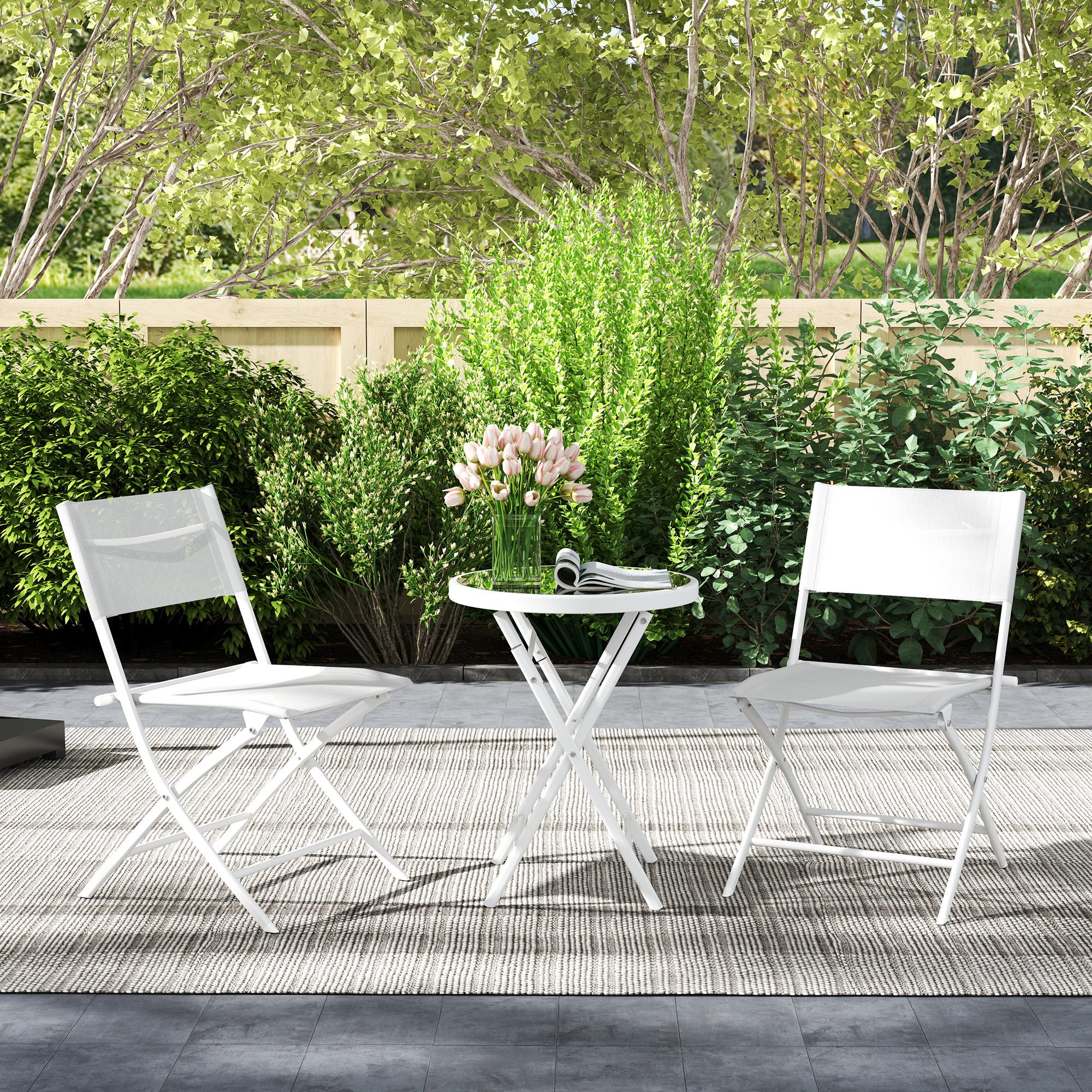 3 Piece Outdoor Bistro Set with Glass Top Table and Folding Chairs - White