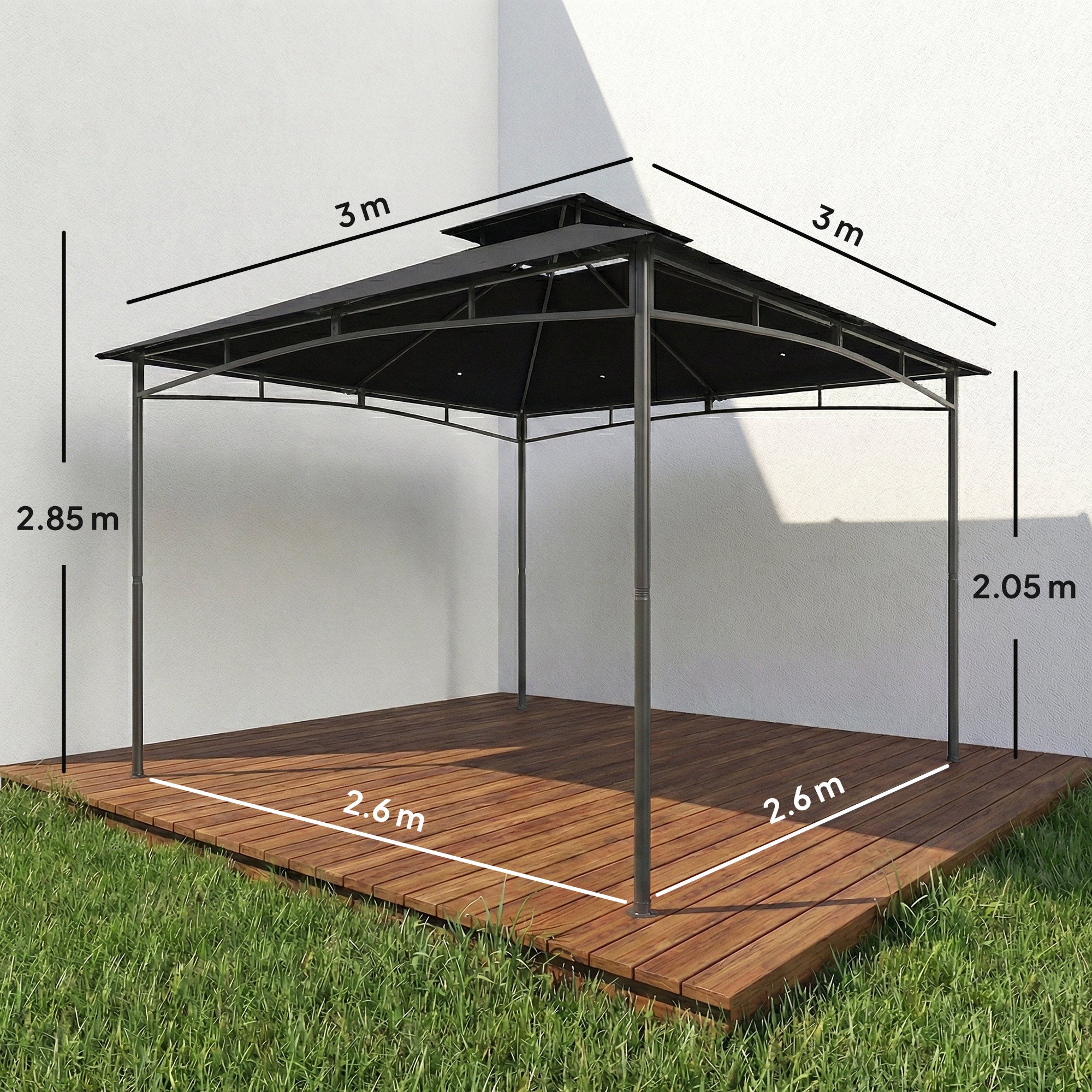 3 x 3 m Gazebo, Garden Gazebo with 2-Tier Roof, Metal Frame, Black