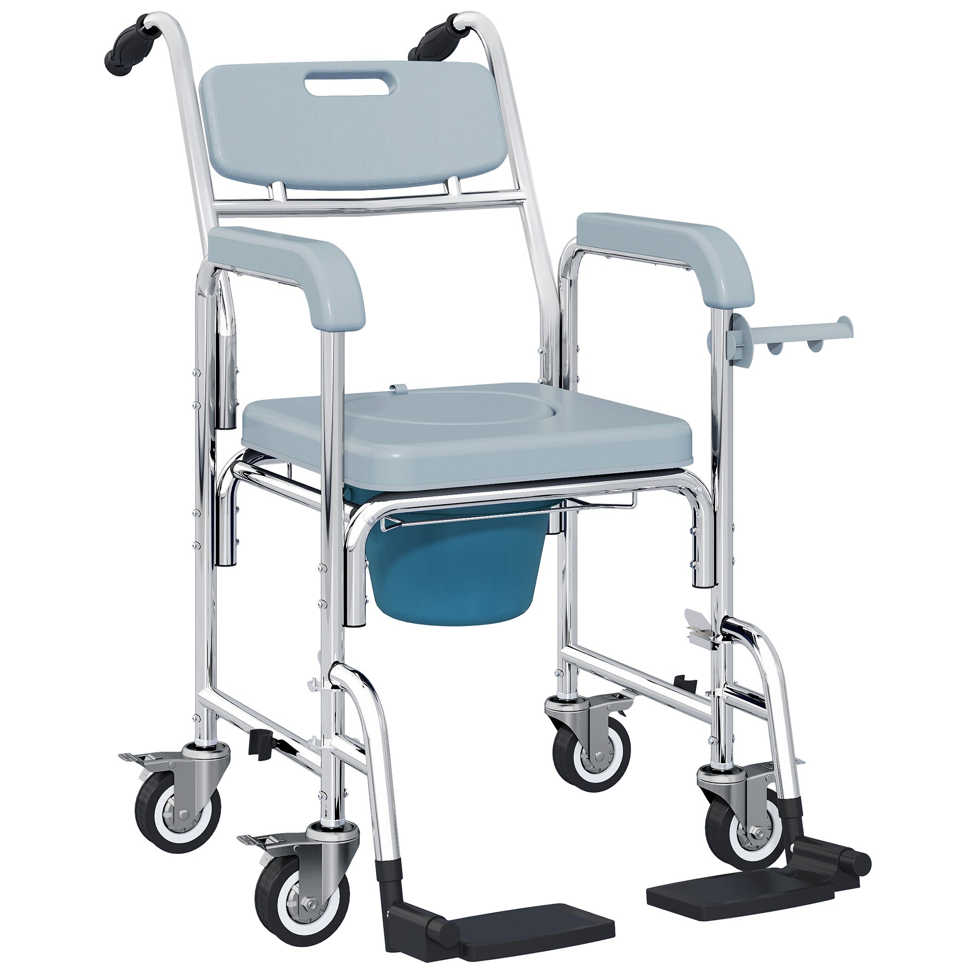 Rolling Shower Wheelchair for Seniors, Bedside Commode Chair with Locking Wheels, Seat, Backrest, Arms, Grey