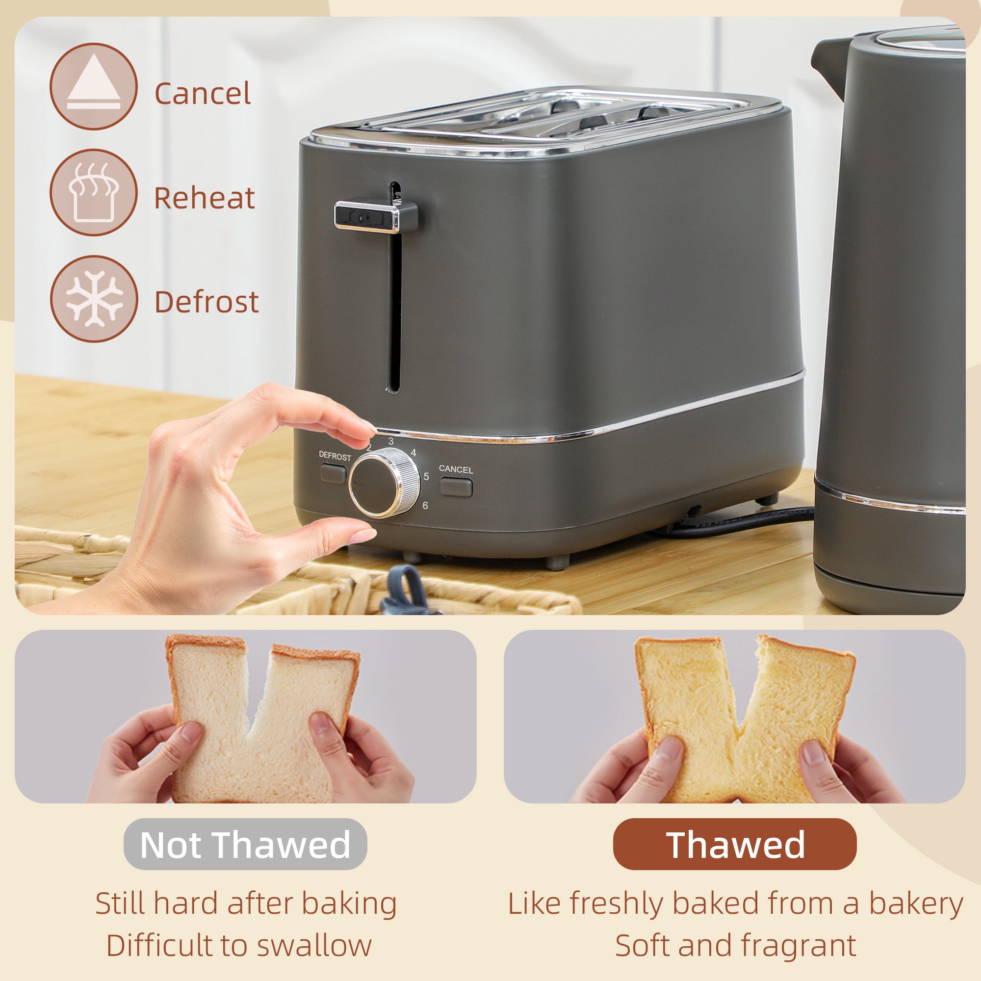 1.7L 3000W Kettle and 2-Slice Toaster Set with 6 Browning Levels, Defrost & Reheat - Grey