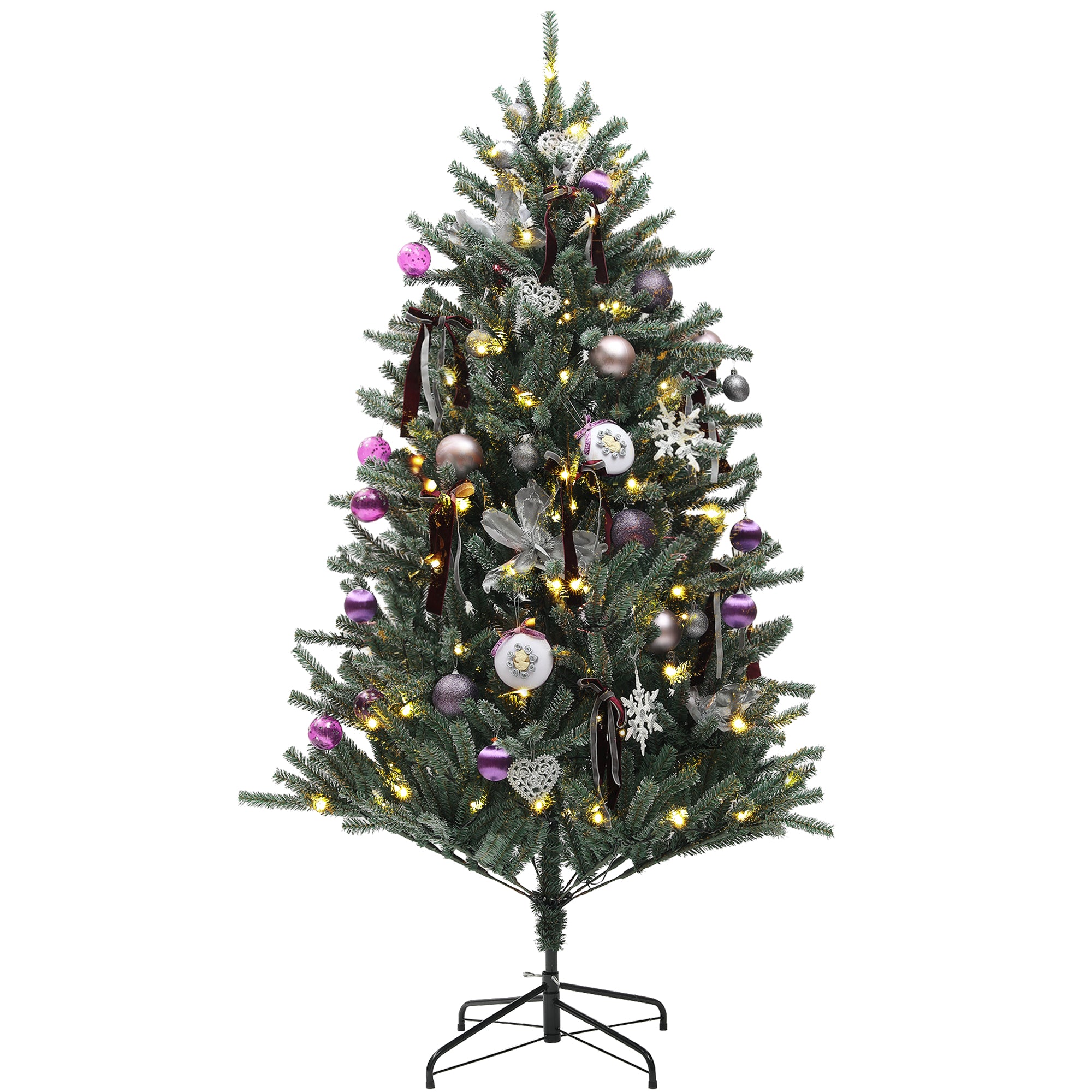 5ft Artificial Prelit Christmas Tree with Warm White LED Lights and 486 Tips, Metal Stand, Xmas Tree with Purple Ornaments for Home Office Holiday