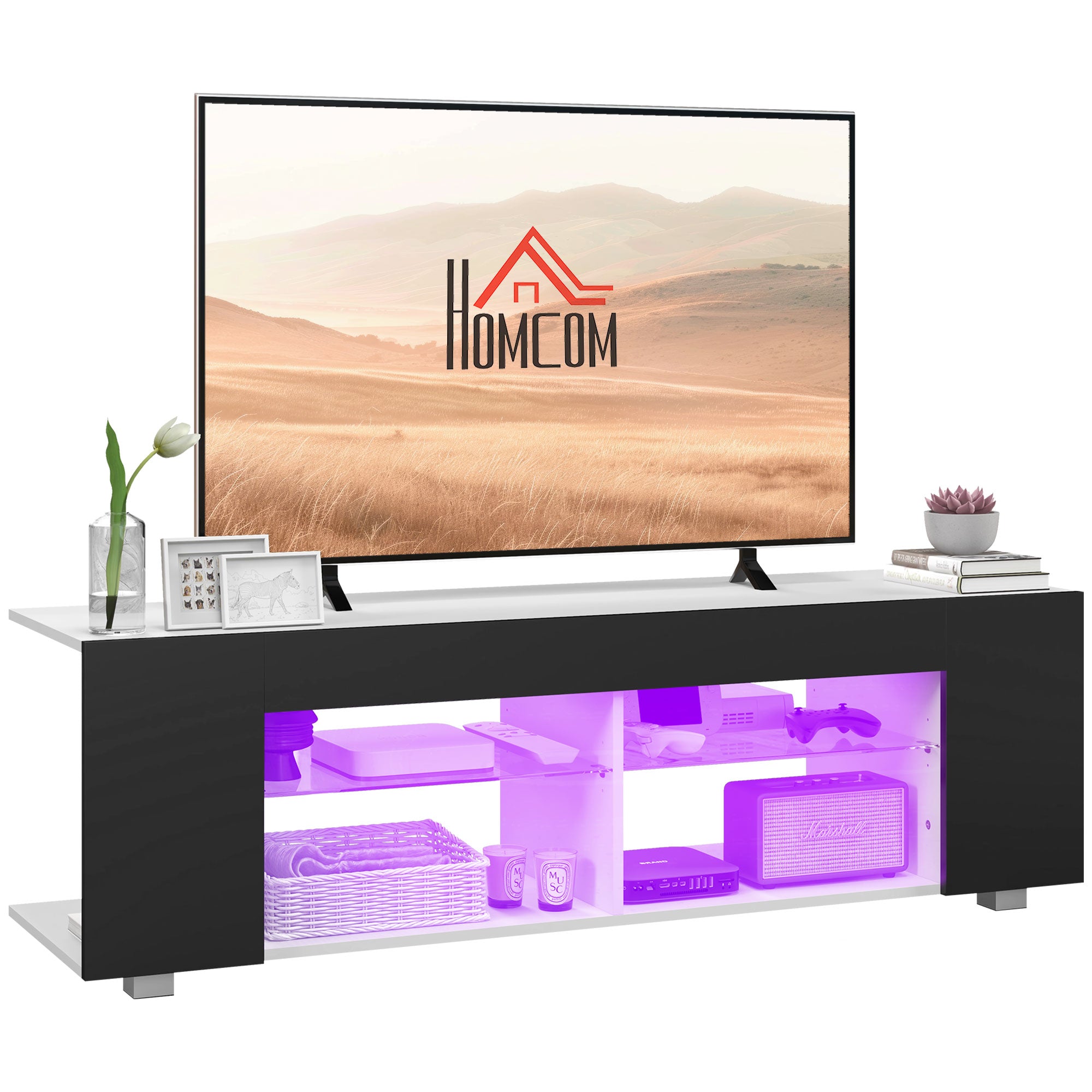 Multi-Shelf TV Cabinet, with Adjustable LED Lights - Black