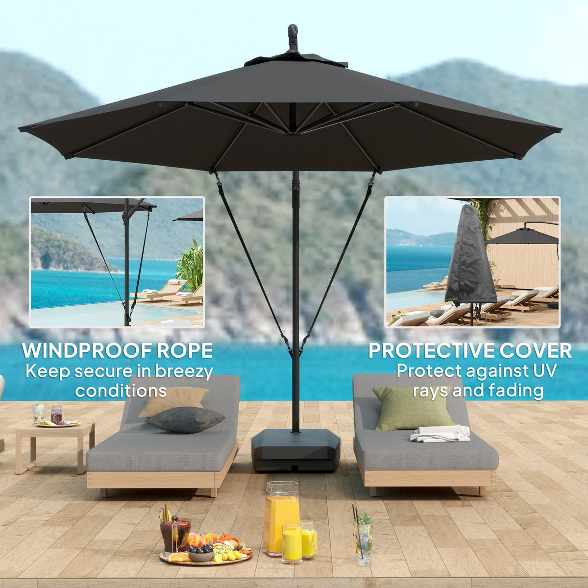 3m Garden Cantilever Parasol with Fillable Base, Wind Straps, Crank Handle & Tilt, UPF50+ Round Hanging Umbrella - Grey