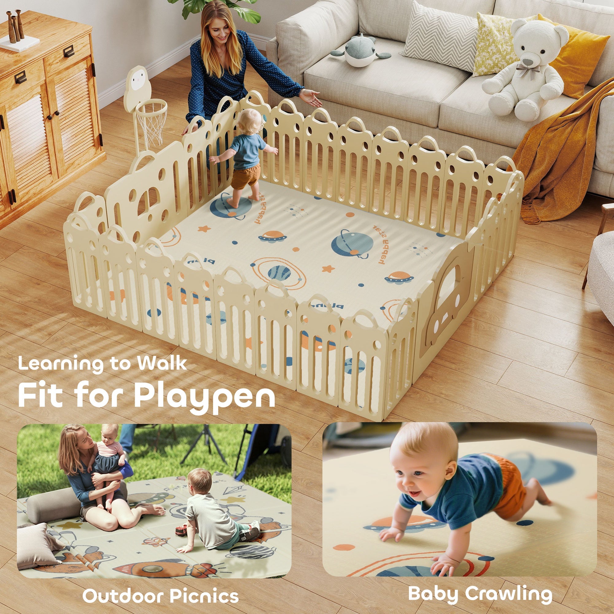 Baby Play Mat, Double Sideded Foldable Kids Crawling Mat, Reversible & Waterproof, Astronaut and Planet