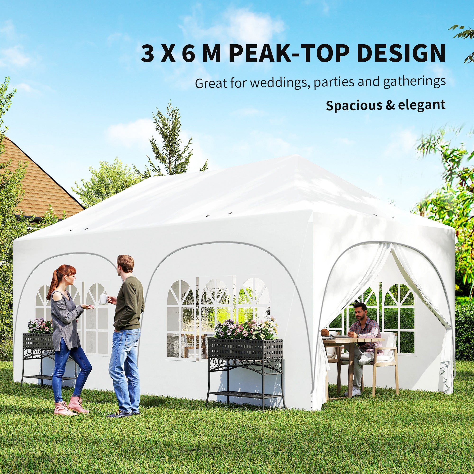 3 x 6m Pop Up Gazebo Shelter with Sides, 6 Sandbags, Peak Top Garden Party Tent Marquee with Carry Bag, Light Grey/White