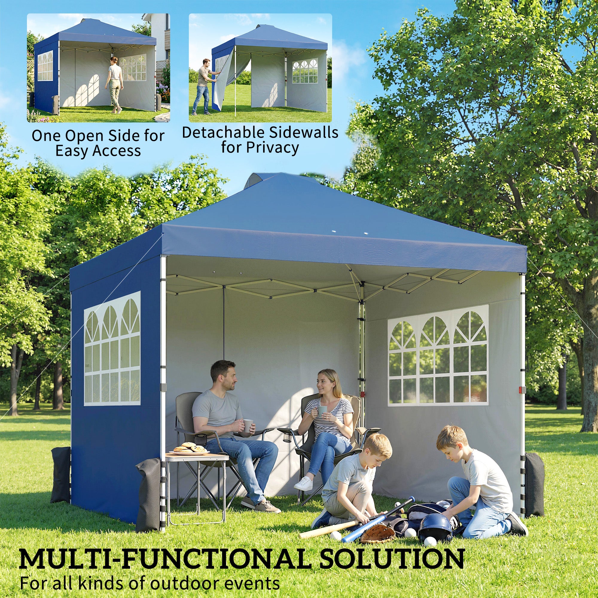 Pop Up Gazebo Waterproof Height Adjustable Canopy with 3 Sidewalls Wheeled Bag for Parties 3 x 3 m Dark Blue