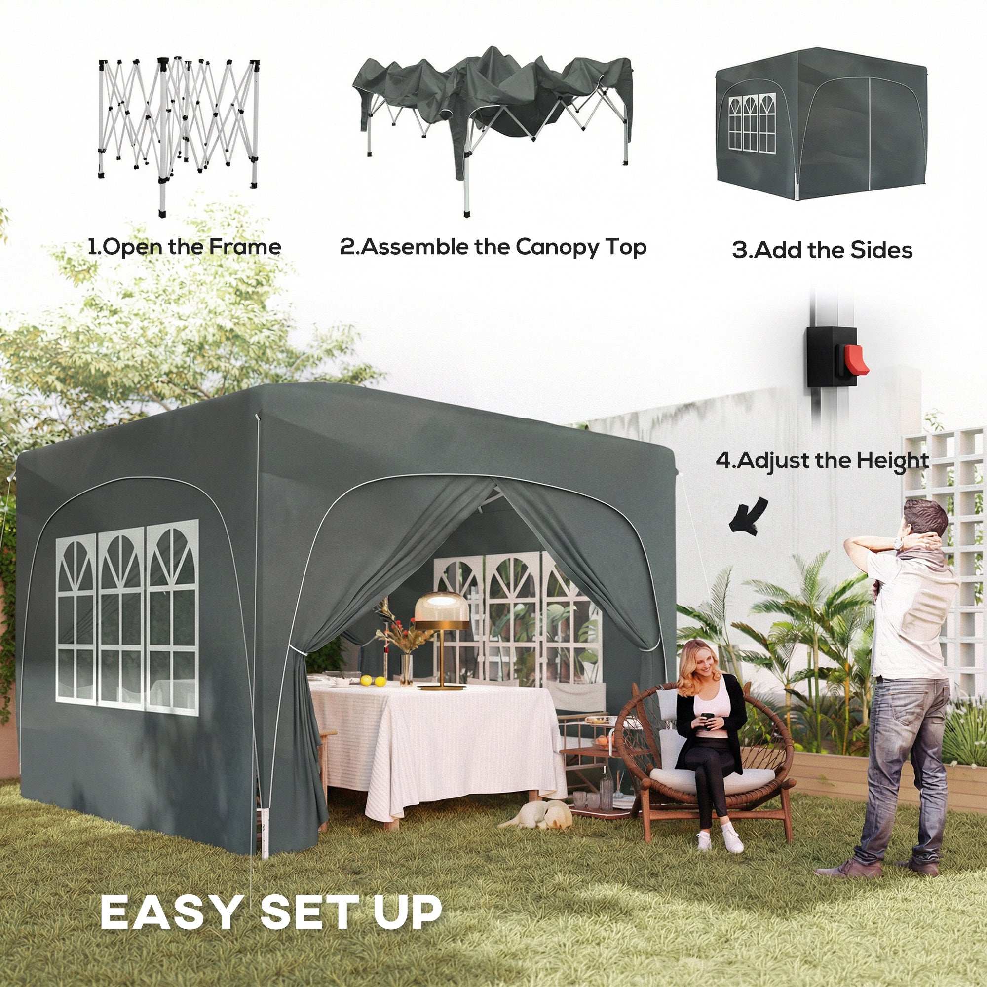3 x 3m Pop-Up Gazebo Shelter, with Accessories - Dark Grey