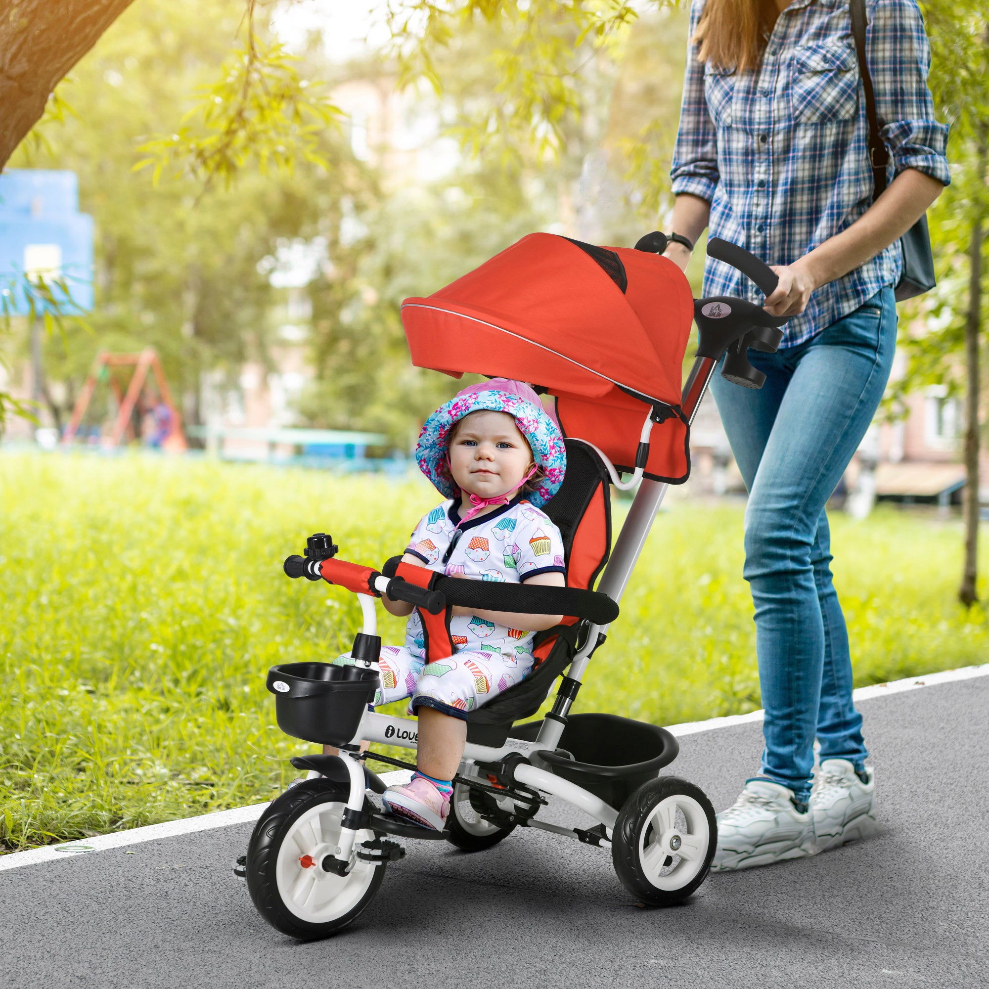 Metal Frame 6 in 1 Baby Push Tricycle with Parent Handle for 1-5 Years Old, Red