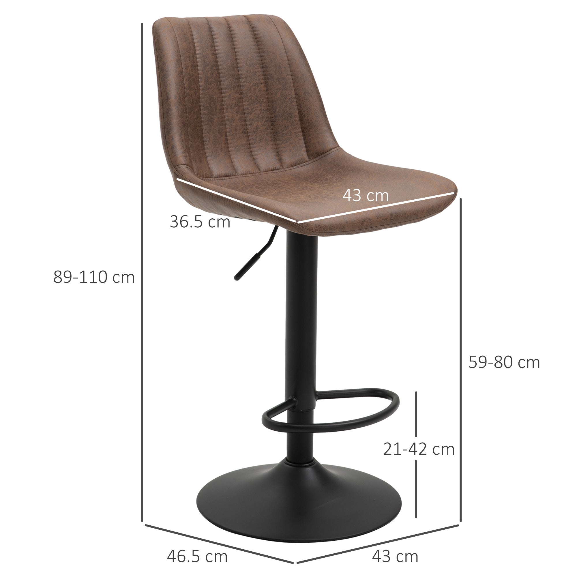 Barstools 2 Piece Adjustable Height Dining Counter Chair 360° Swivel with Footrest for Home Pub, Brown