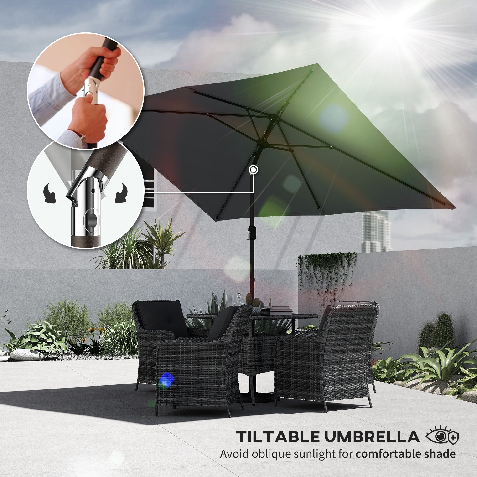 Garden Parasol, Parasol Umbrella with Crank Handle, Tilt Function, Polyester Canopy, Dark Grey