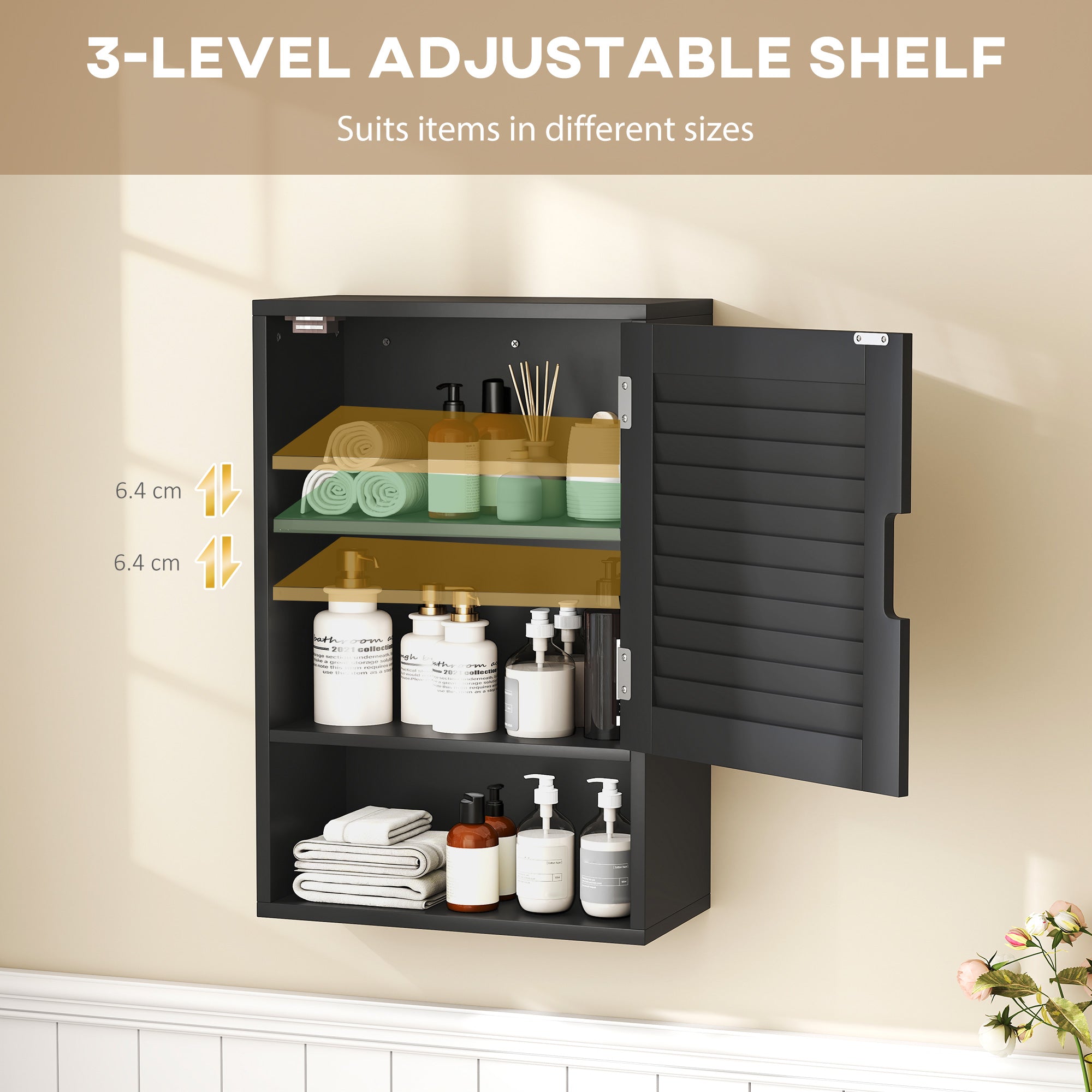 Bathroom Cabinet, Wall Mounted Storage Cabinet with Adjustable Shelves, 40 x 20 x 60 cm, Black