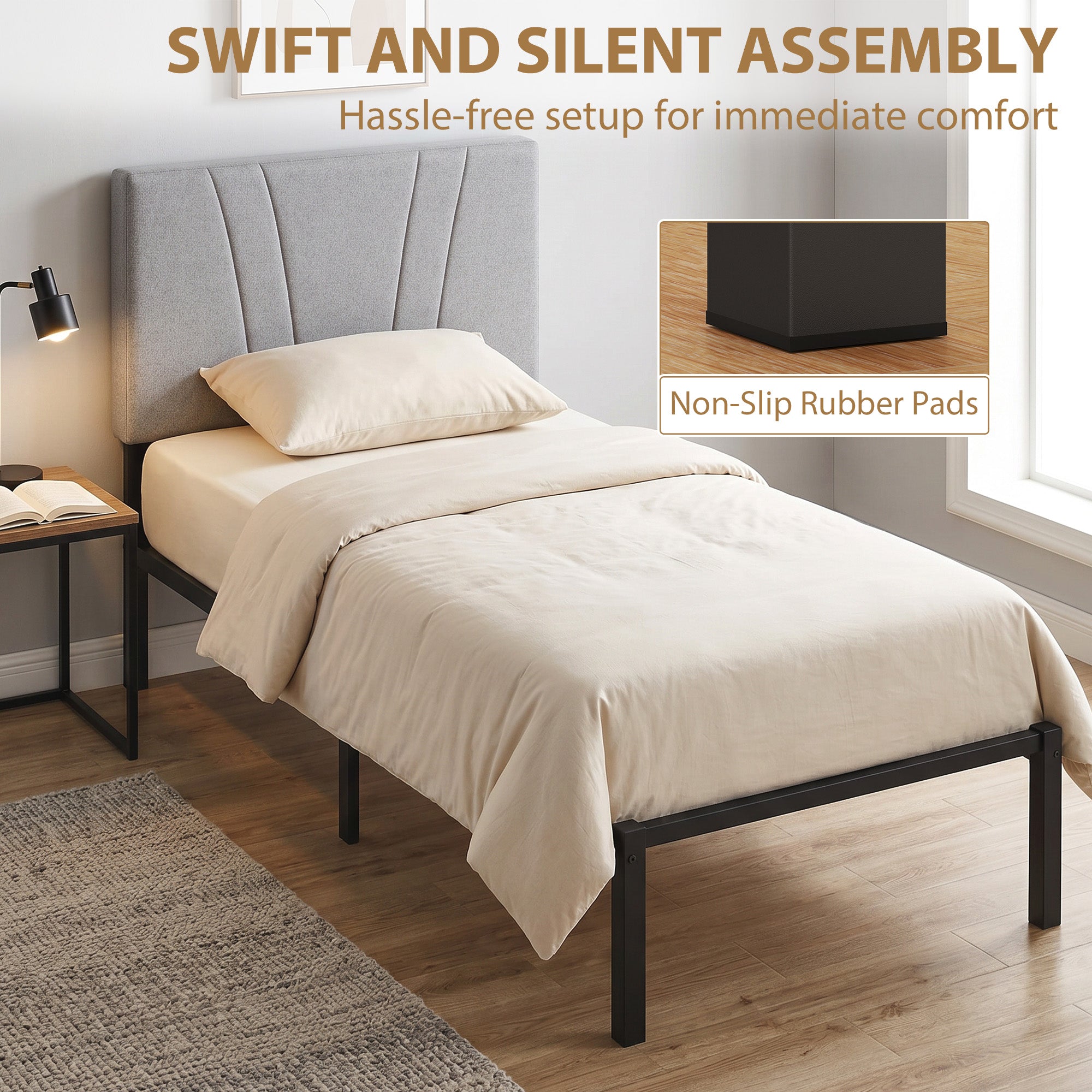 3FT Single Bed Frame with Upholstered Headboard and Underbed Storage, Black and Light Grey