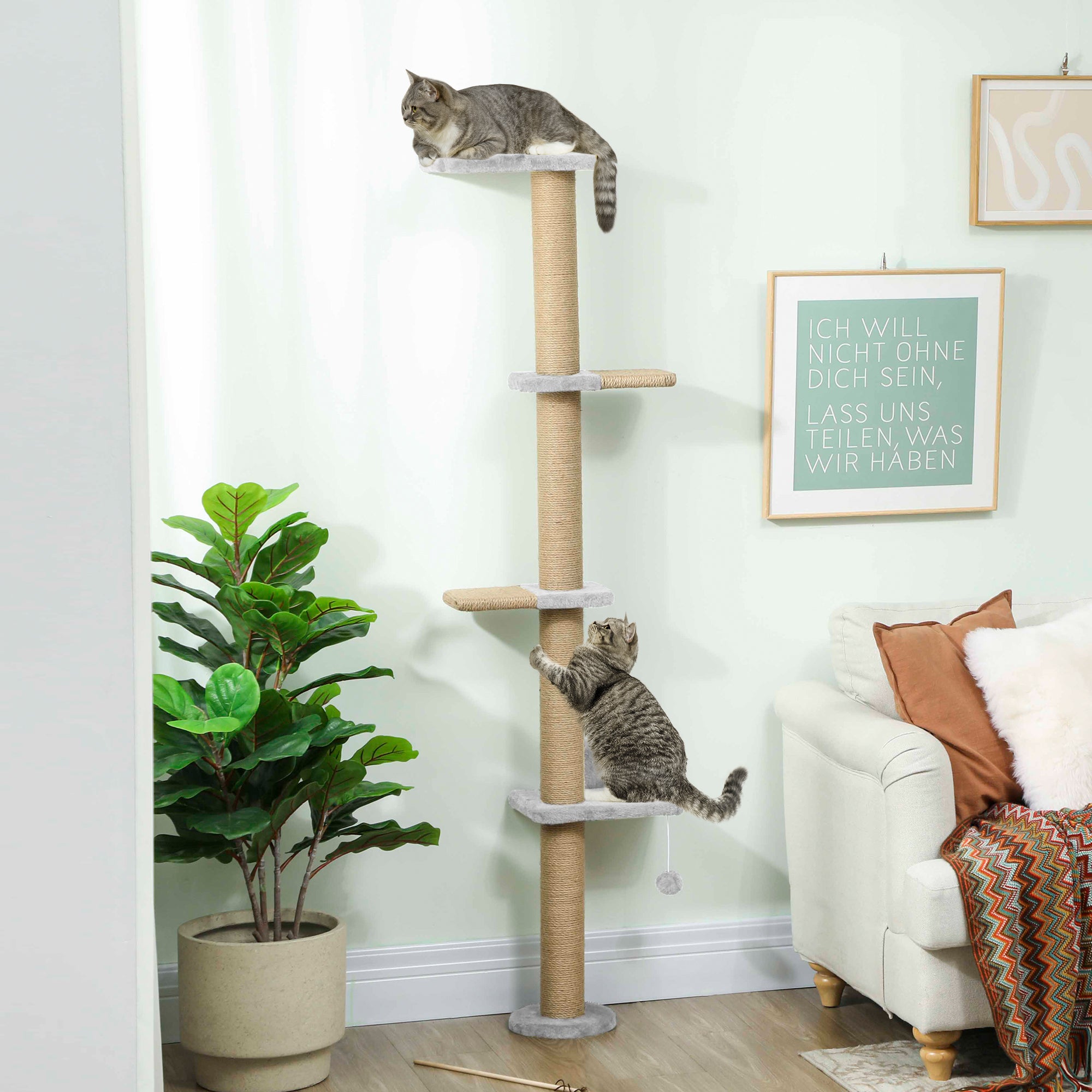 Wall Mounted Cat Shelves, Cat Climbing Wall with 4 Climbing Platforms, Jute Scratching Post and Toy Ball,180cm Tall, Light Grey