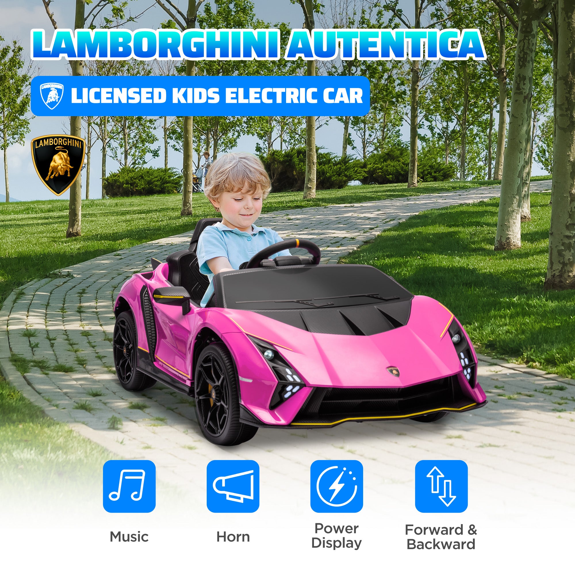 12V Lamborghini Autentica Licensed Kids Electric Car with Remote Control, Four Suspension Wheels, Soft Start, Pink