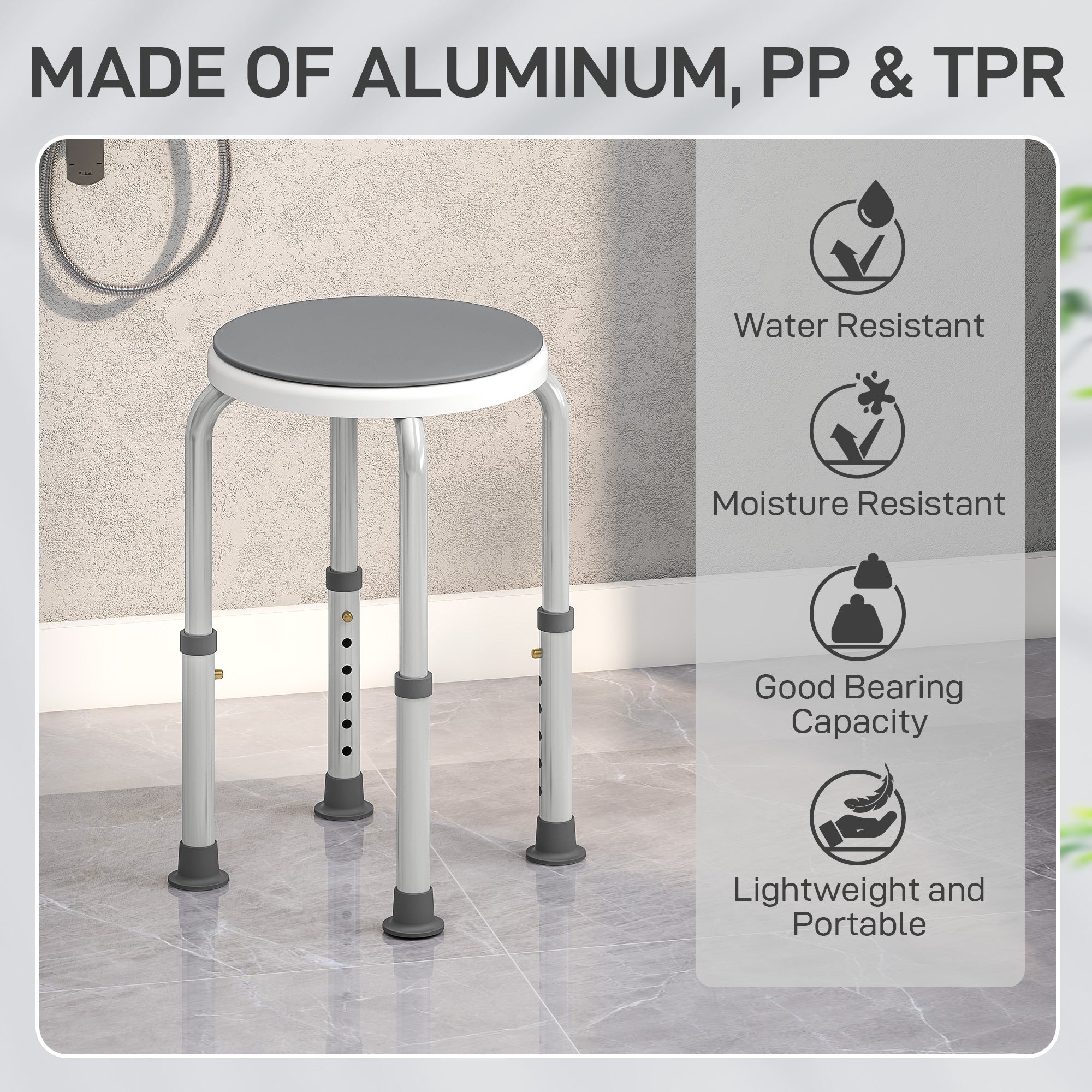 360° Swivel Shower Chair, Height Adjustable Aluminium Shower Stool with Non-Slip Feet for Disabled, Elderly, Grey