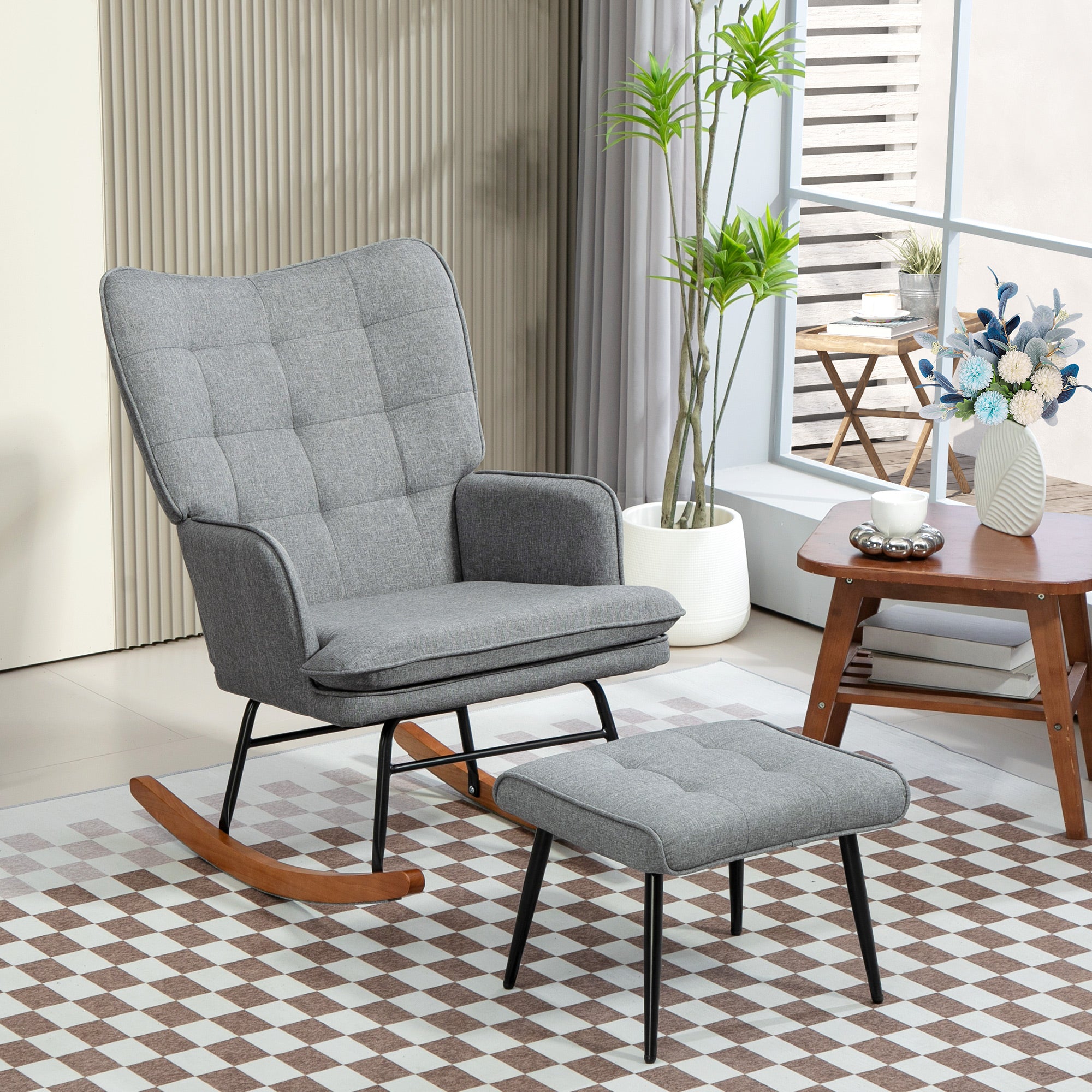 Linen-Look Rocking Chair and Ottoman Set - Grey