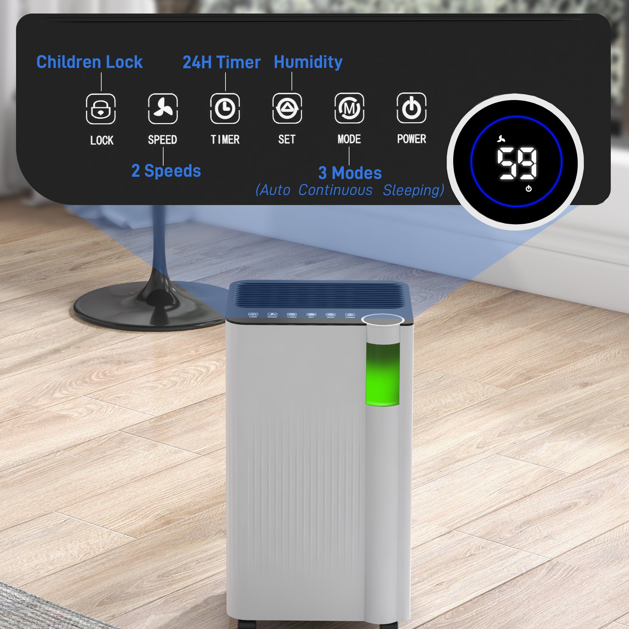 12L/Day Dehumidifier with Continuous Drainage, 2L Water Tank, 24H Timer, Digital Humidity Display, Filter, Auto Defrost, Children Lock, Dehumidifier for Home Damp, Bedroom, Laundry Drying