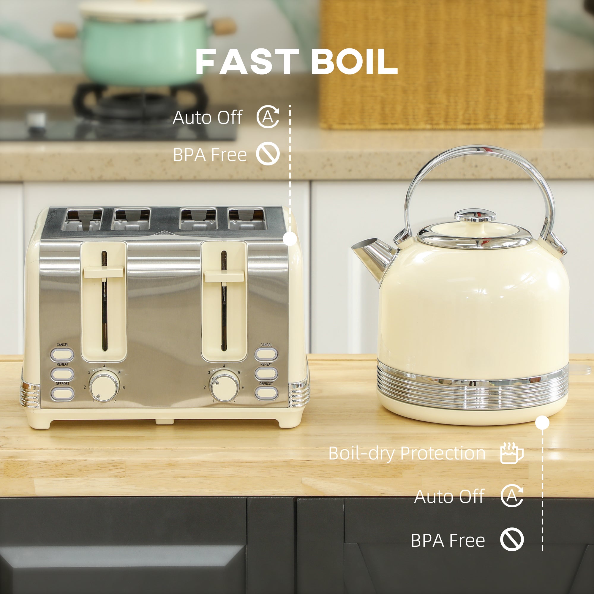 Polished Metal Kettle and Toaster Set - Cream