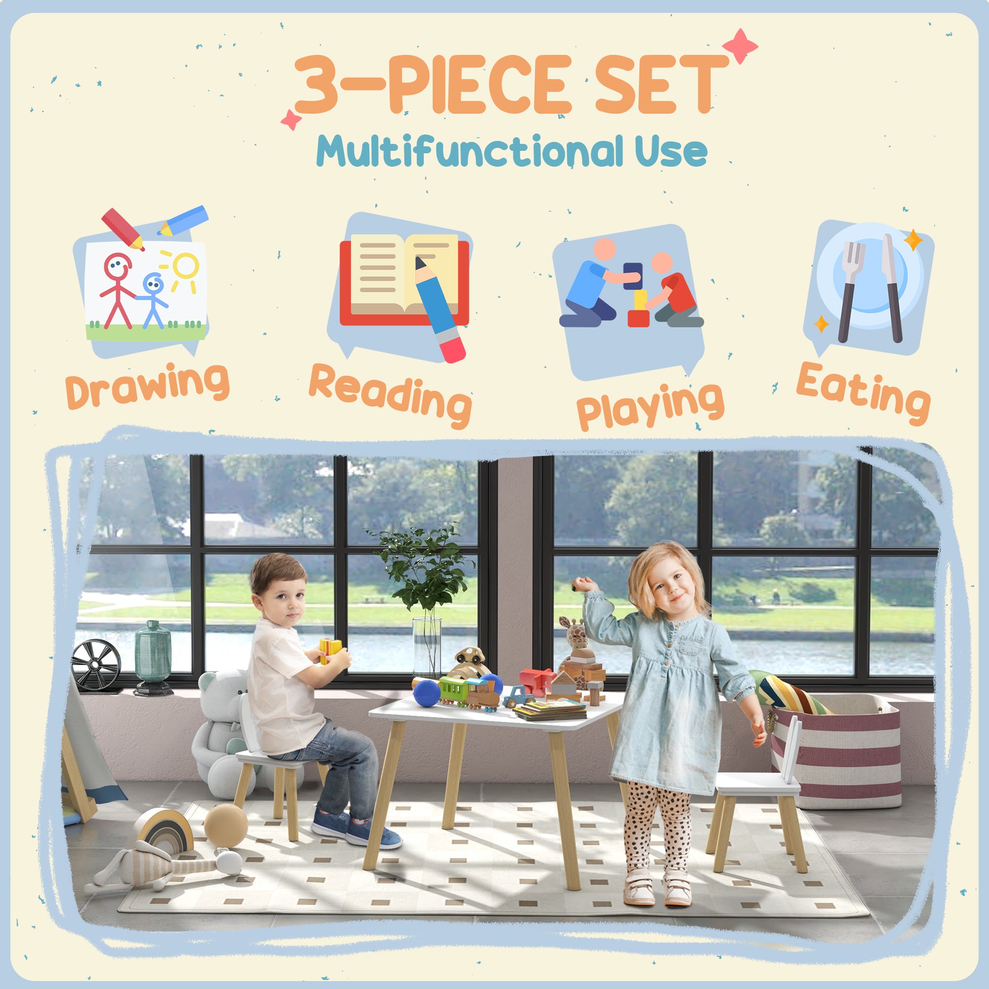 3 Pcs Toddler Table and Chair Set, Kids Desk and 2 Chairs Set w/ Bunny Ear Backrest, for Nursery, Playroom