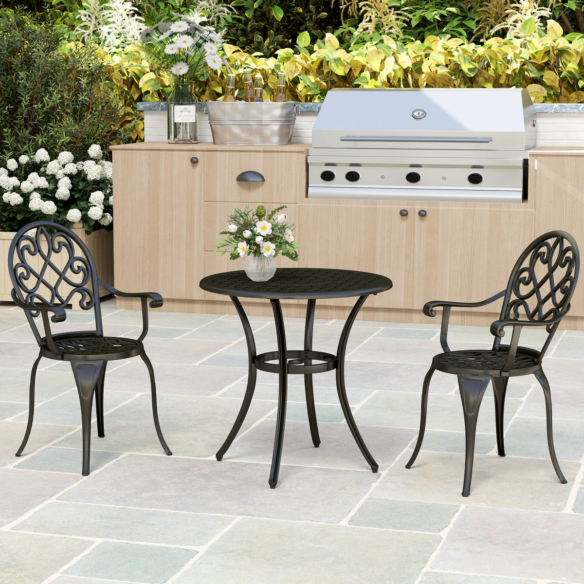 Three-Piece Aluminium Garden Set with Table and Chairs - Black