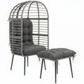 Garden Egg Chair with Footstool, Rattan Indoor Outdoor Lounge Chair and Ottoman Set with Thick Cushions, Light Grey