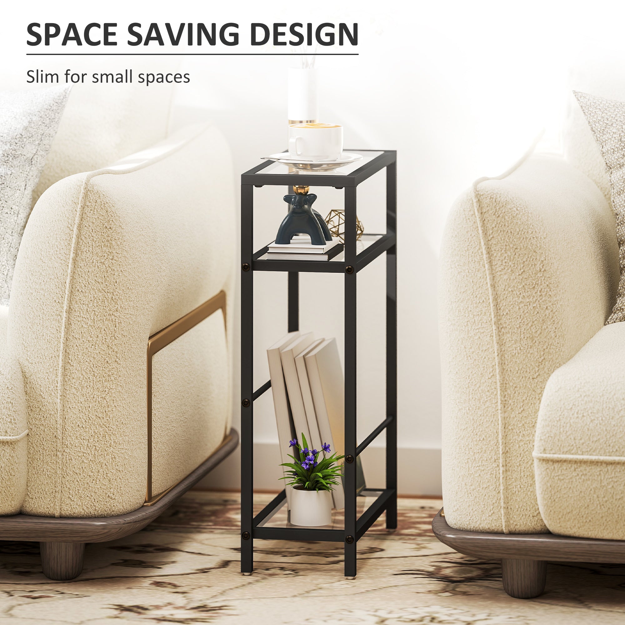 3-Tier Side Table, Narrow End Table with Storage Shelf and Tempered Glass Tabletop for Small Spaces, Black