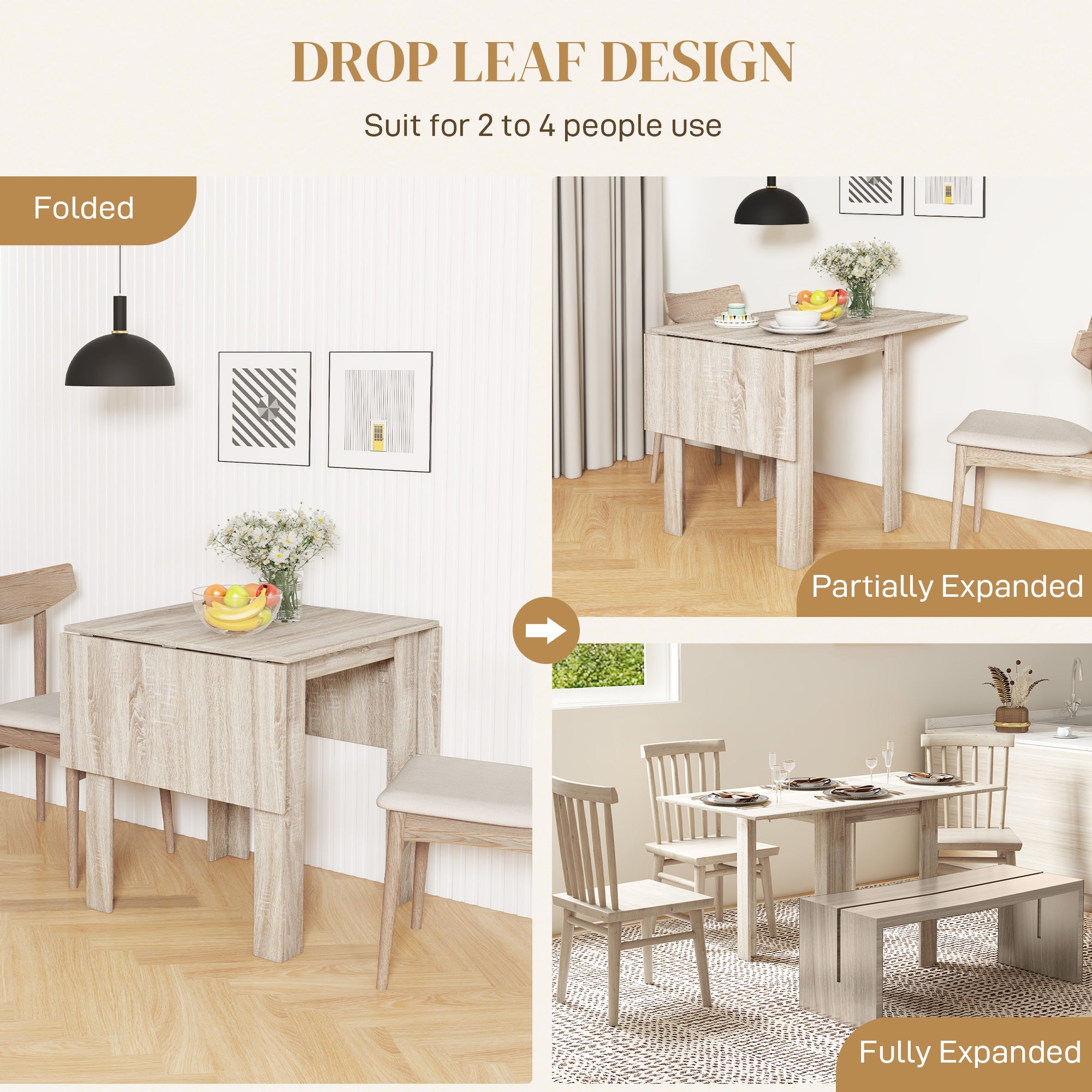 Four-Seater Drop Leaf Dining Table with Expandable Top - Oak Wood Effect