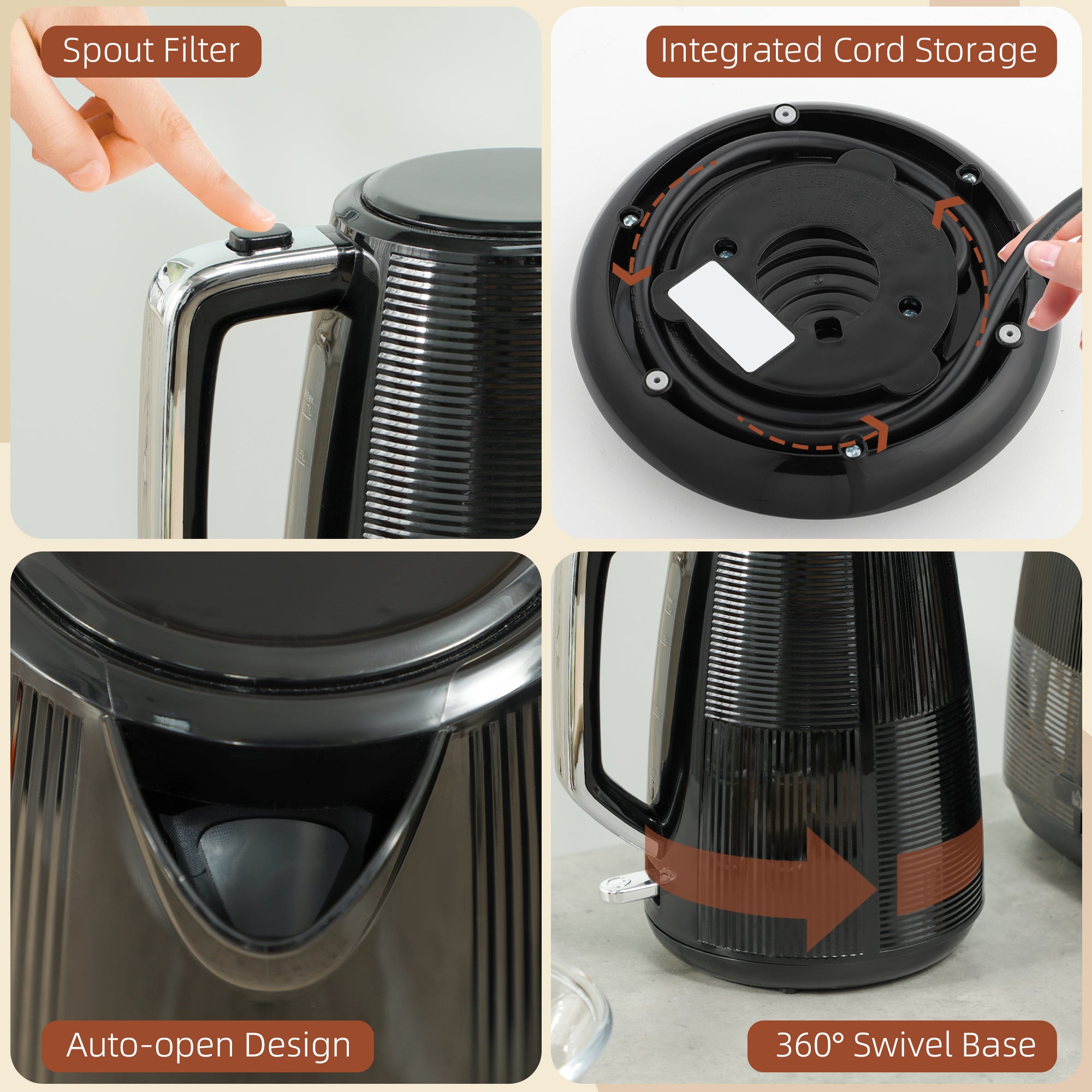 1.7L 3000W Fast Boil Kettle & 2-Slice Toaster Set with 7 Browning Levels, Defrost & Reheat - Black