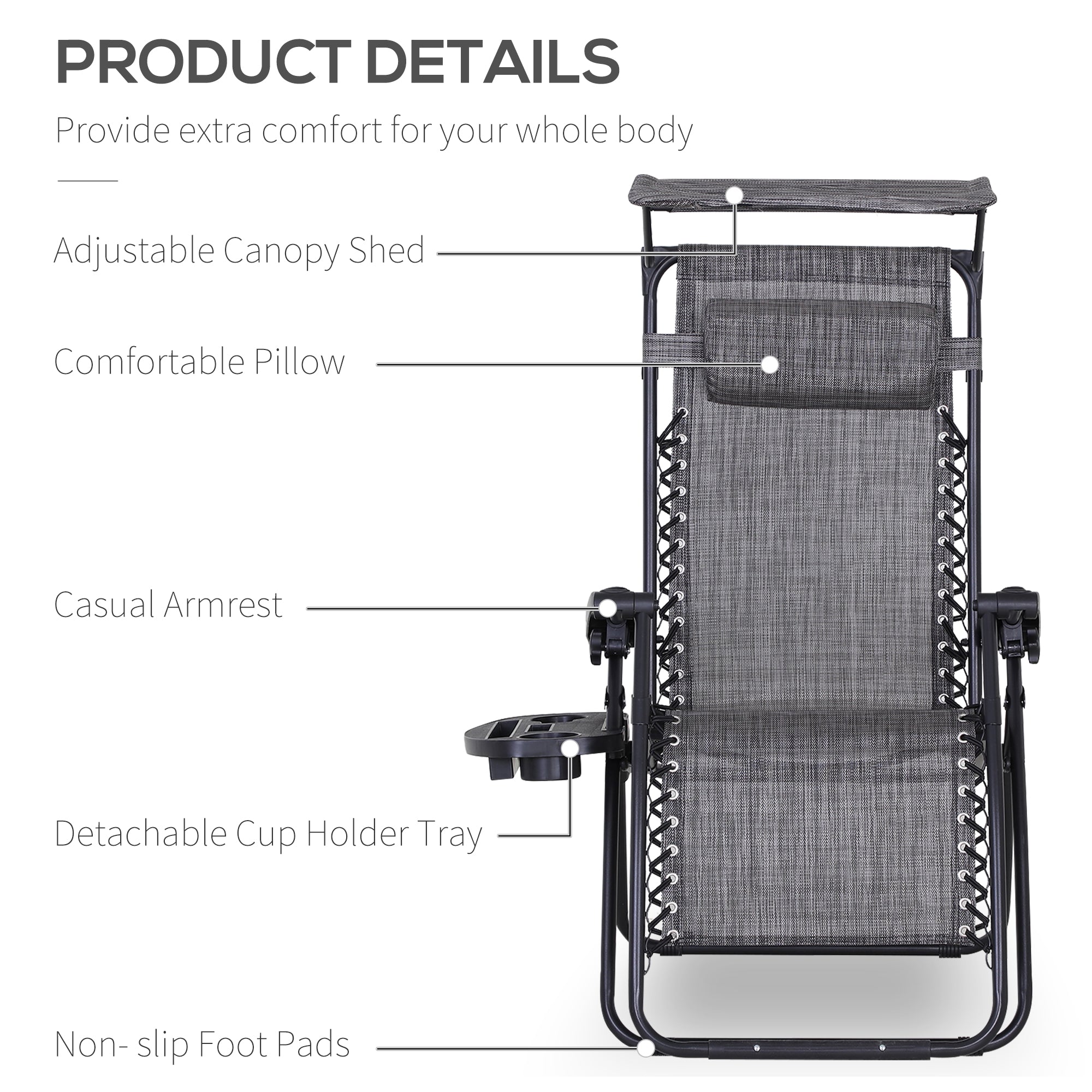 2 Piece Foldable Reclining Garden Chair with Headrest, Zero Gravity Deck Sun Lounger Seat Chair with Footrest, Armrest, Cup Holder & Canopy Shade, Grey