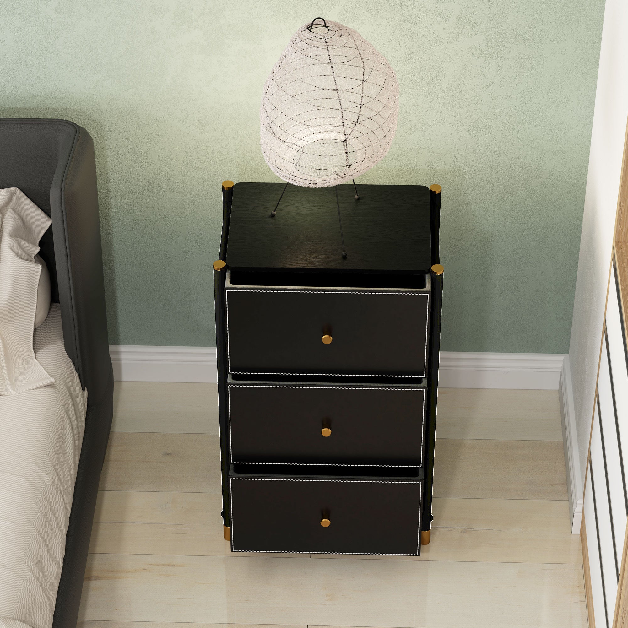 Faux Leather Front Chest of Three Drawers - Black