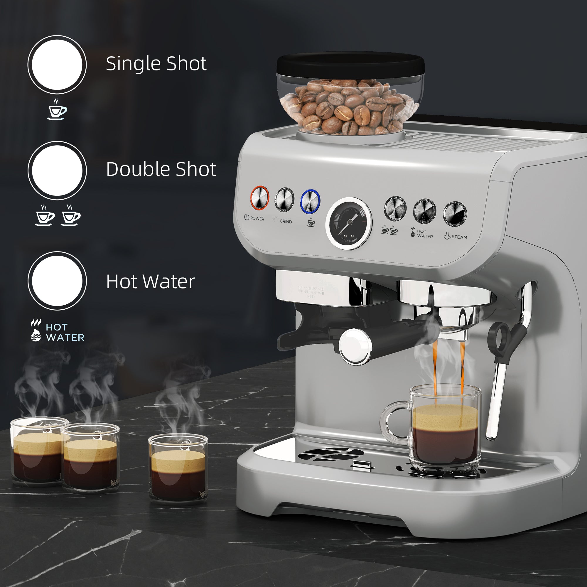 15 Bar Coffee Machine, with Adjustable Grind, Steamer and Accessories - Silver Colour