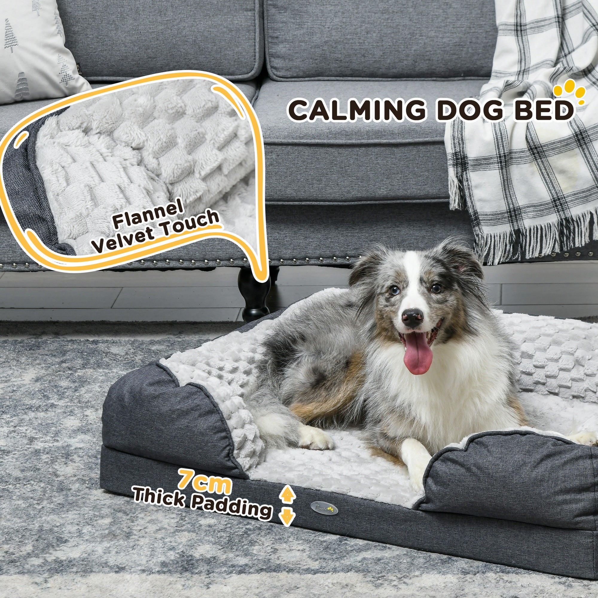 Calming Dog Bed Pet Mattress w/ Removable Cover, Anti-Slip Bottom, for Medium Dogs, 90L x 69W x 21Hcm - Charcoal Grey