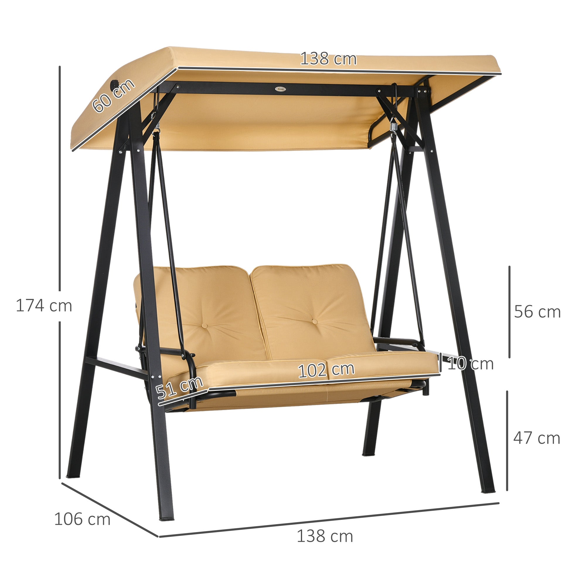Two-Seater Garden Swing Bench, with Adjustable Canopy - Beige
