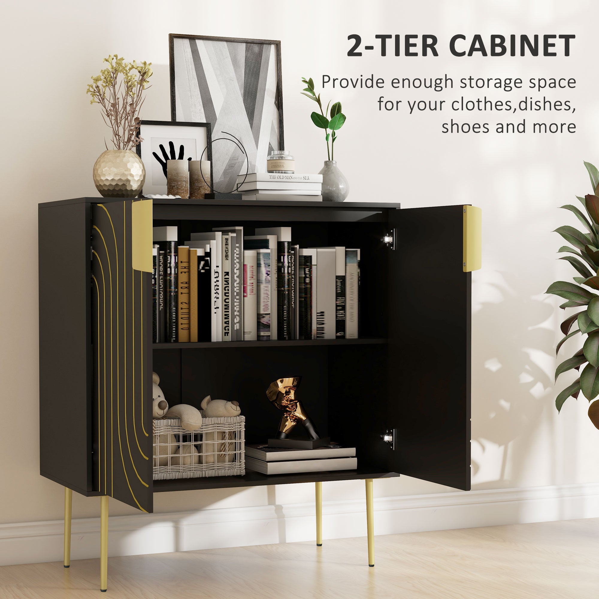 Art Deco Inspired Sideboard, with Adjustable Shelf - Black/Gold Tone