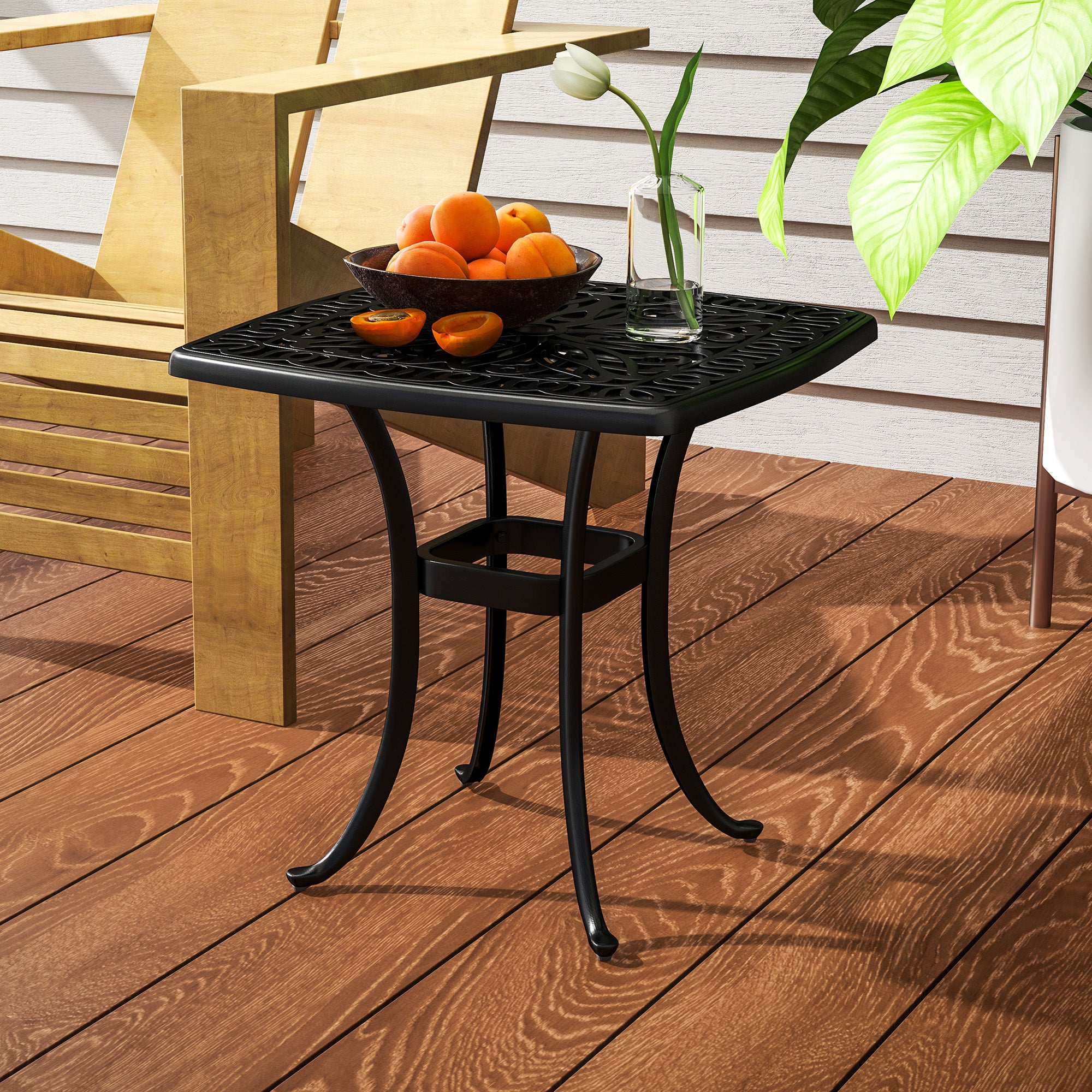 Outdoor Garden Table with 38mm Dia. Umbrella Hole, Cast Aluminium Patio End Table with Anti-slip Foot Pads for Garden, Patio, Balcony, 54 x 54cm, Black