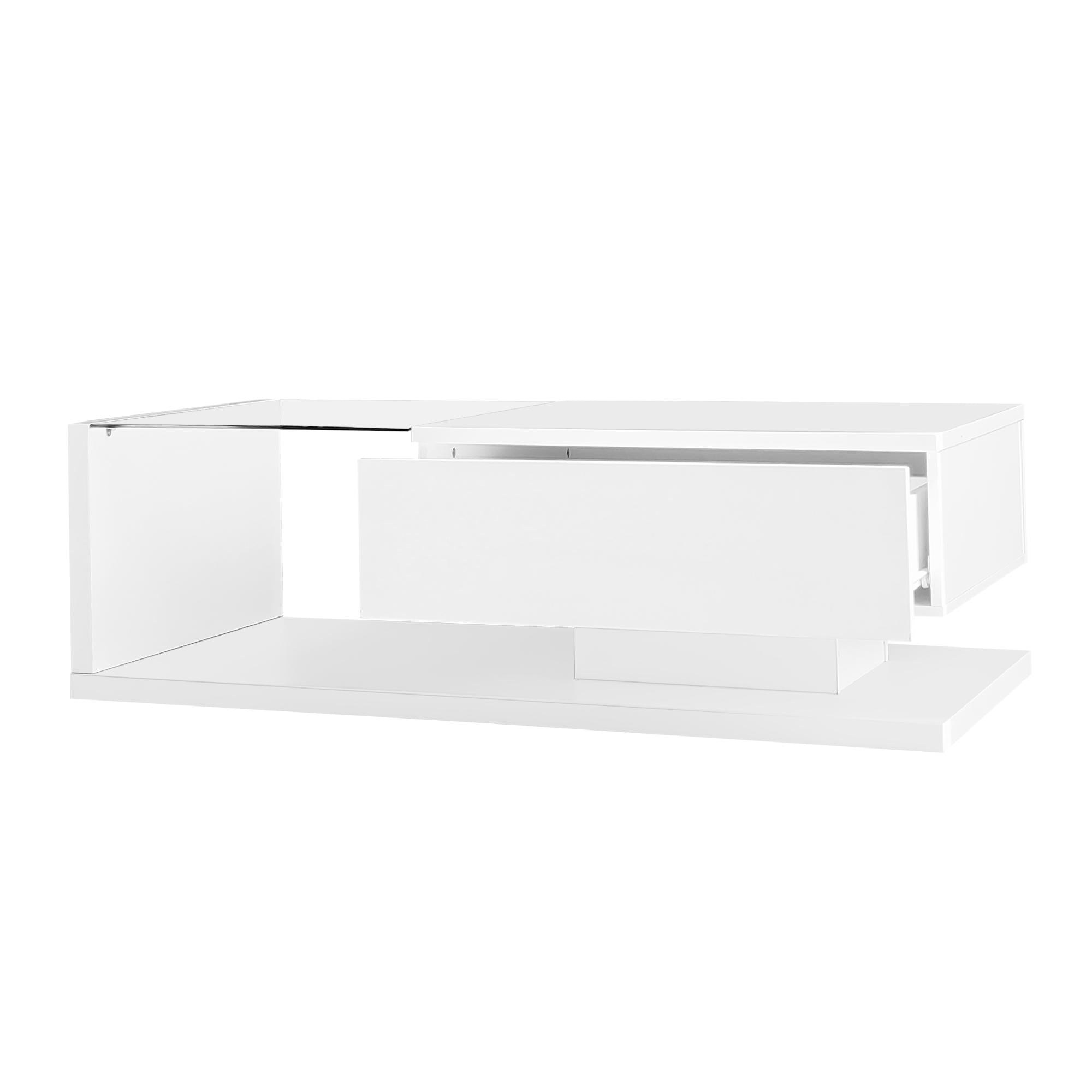 High-Gloss Coffee Table with Glass Top and LED Lights, Sofa Table for Living Room, 105L x 55W x 32.5H cm, White