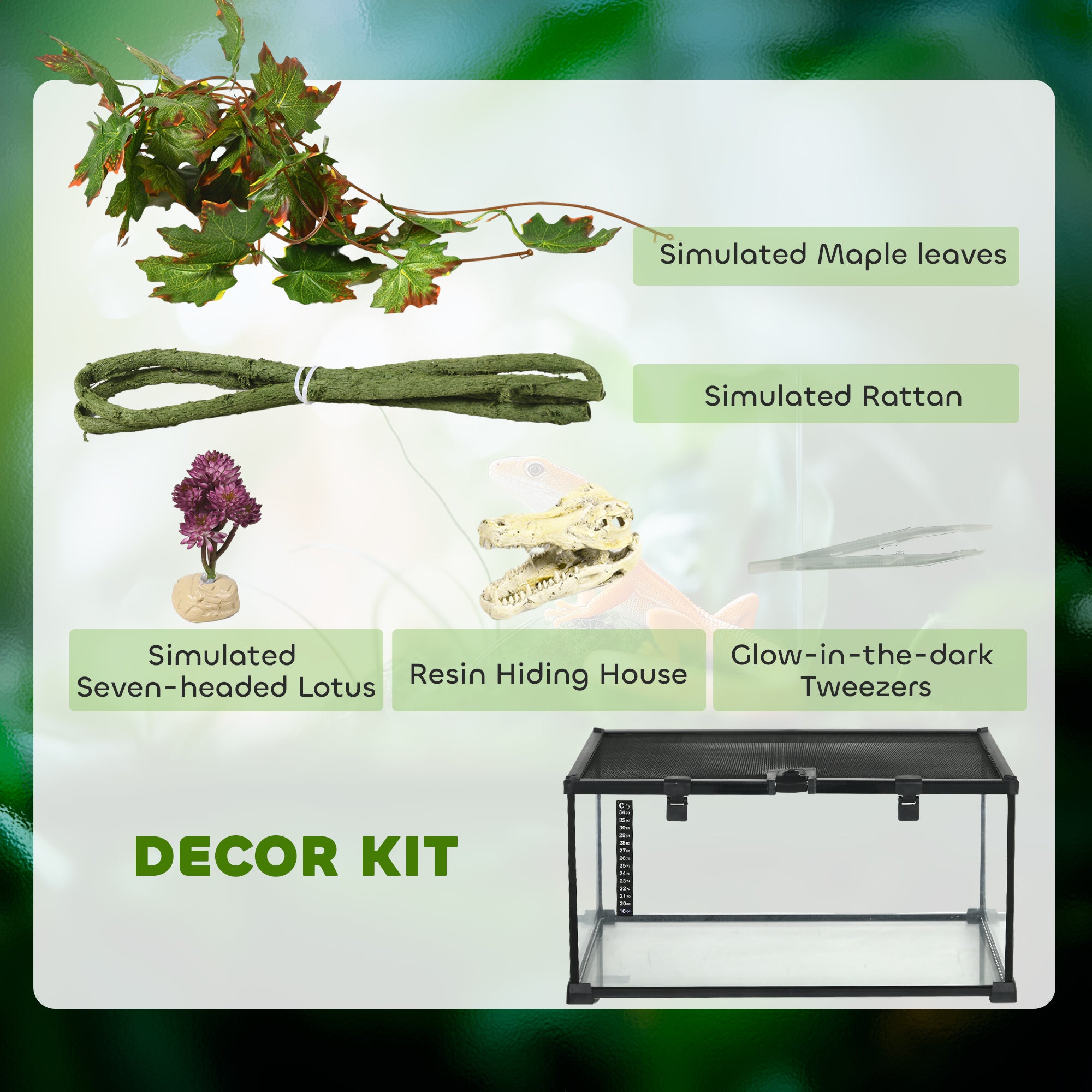 Glass Reptile Terrarium with Decor Kit, Breeding Tank with Thermometer for Small Animals, 50 x 30 x 25cm, Heated - Black