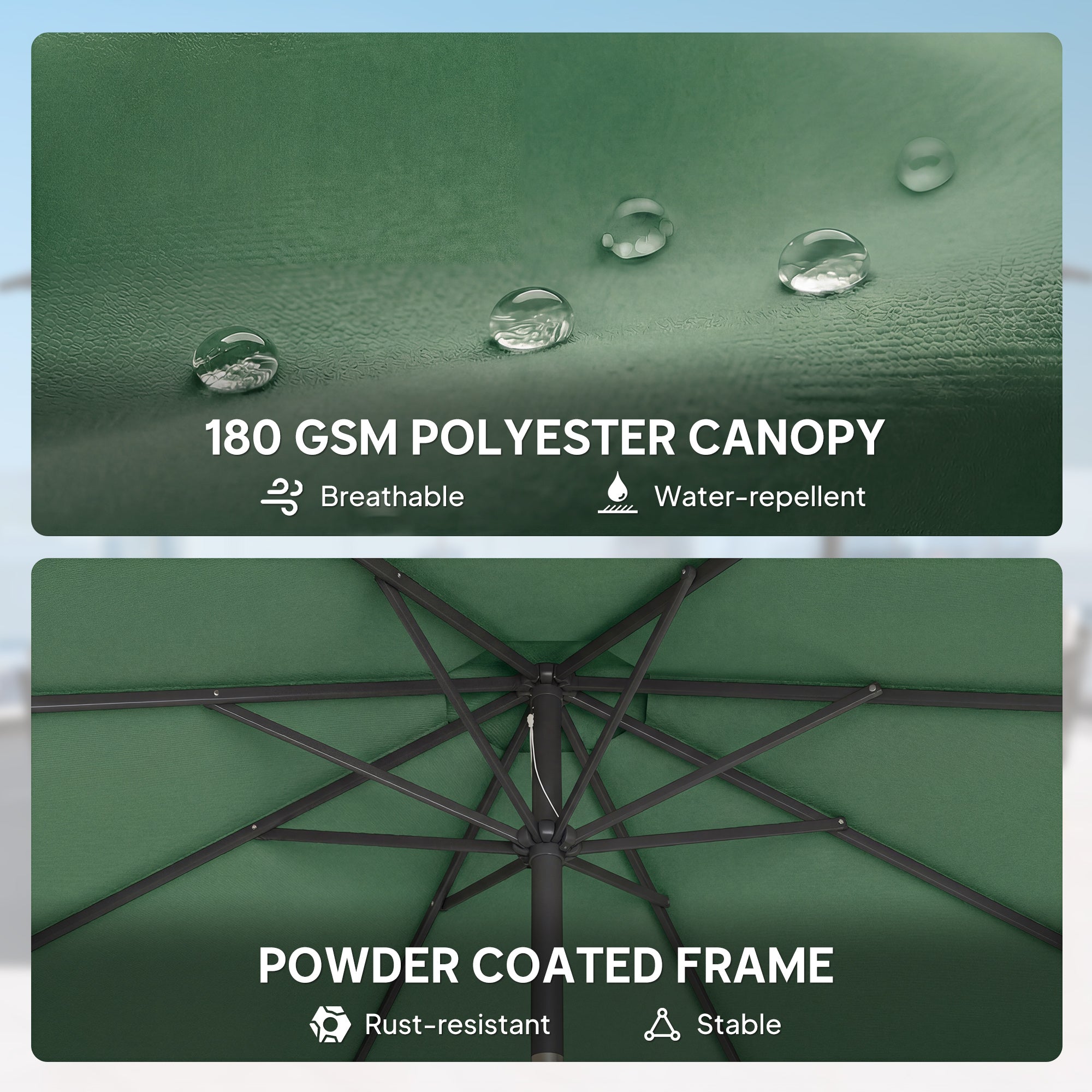 2.7 m Garden Parasol Umbrella with Cross Base and Sandbag, Retractable Ribs, Outdoor Table Market Umbrella, Green
