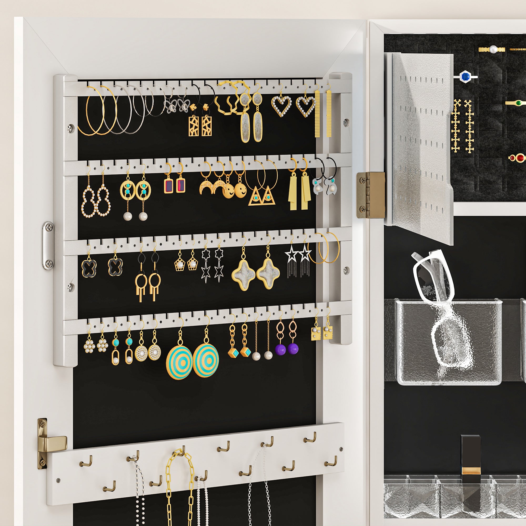 Lockable 108 x 37cm Jewellery Cabinet with LED Lights and Mirror - White/Black