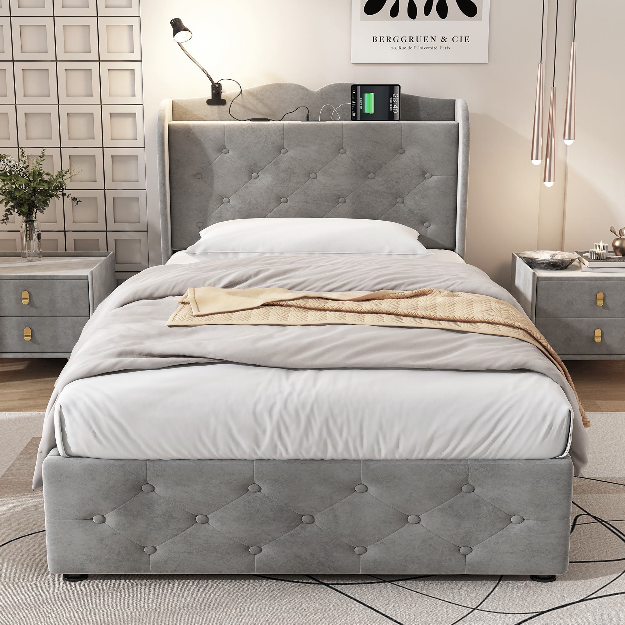 3FT Single Velvet Upholstered Storage Bed with 4 Drawers and USB Ports - Gray