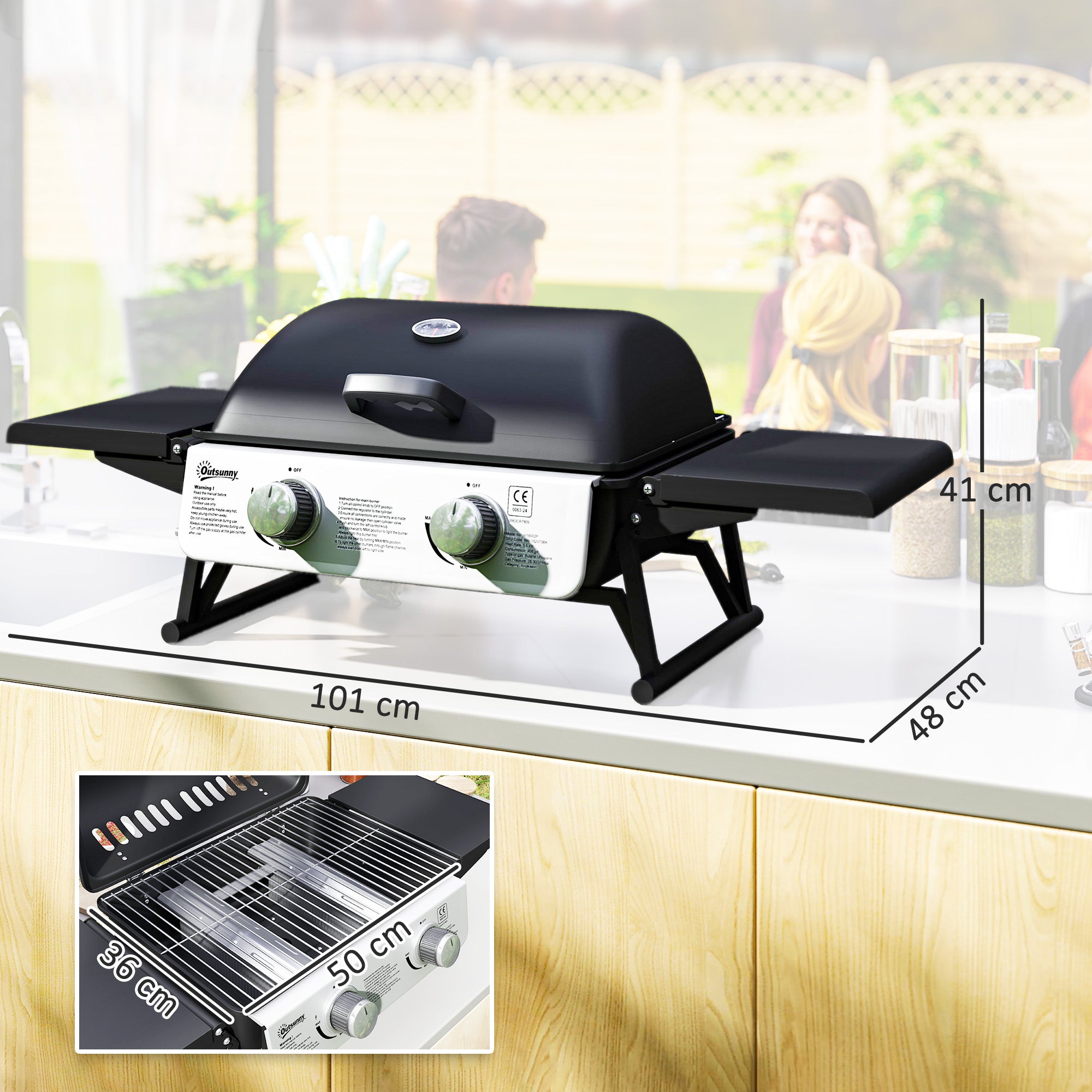Two-Burner Compact Gas Grill with 2 Folding Side Shelves - Black