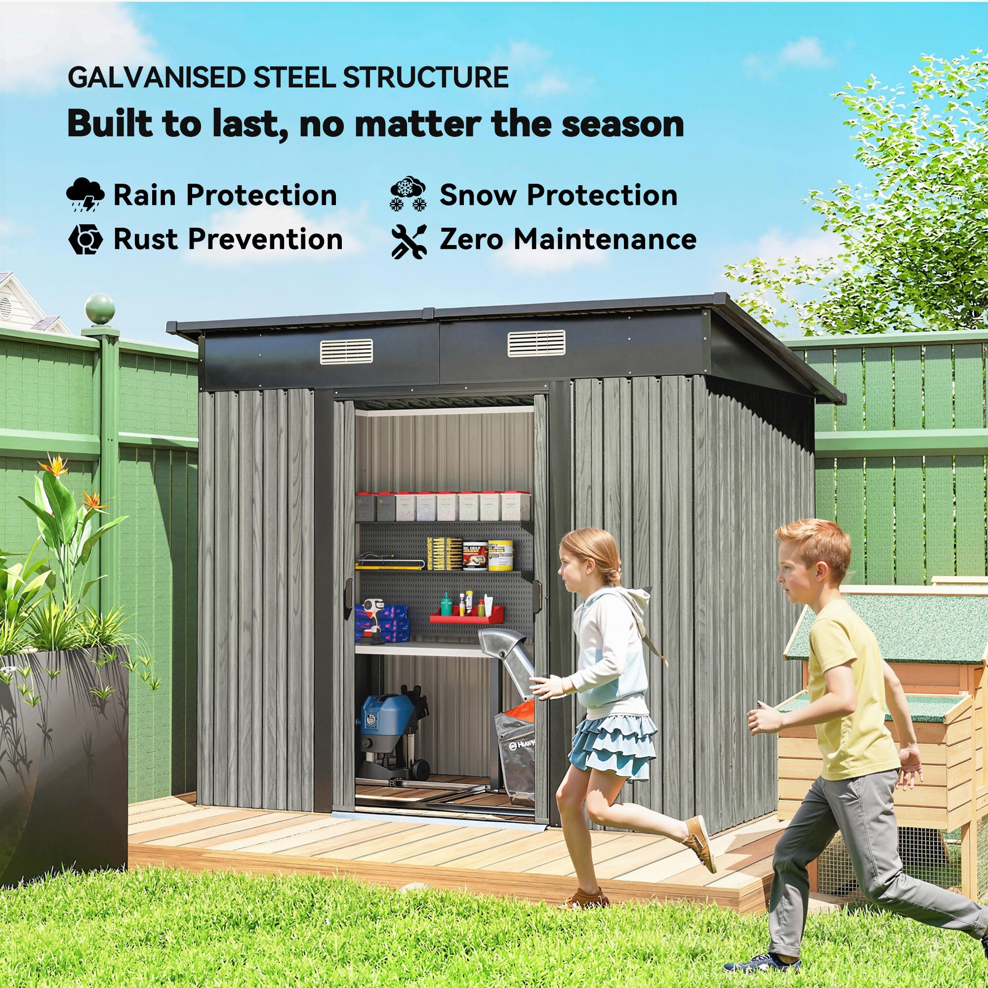 7 x 4ft Outdoor Storage Shed with Foundation Kit, Lean to Metal Garden Shed for Log, Rubbish Bin, Tool, Bike, Light Grey